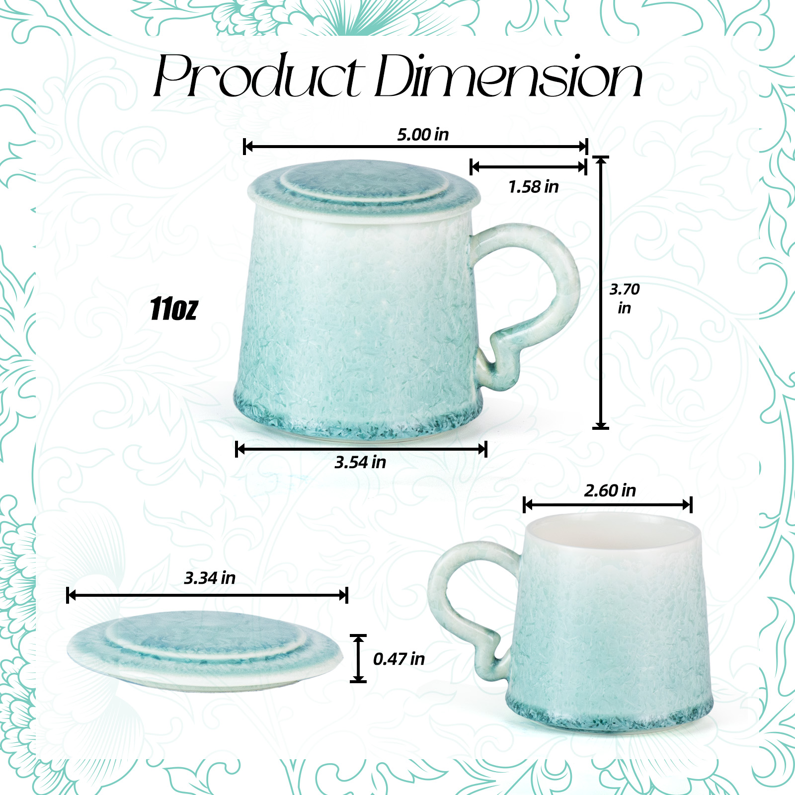 KAMMAK Crystalline Glaze Tea Cups with Lid and Saucer, 11oz