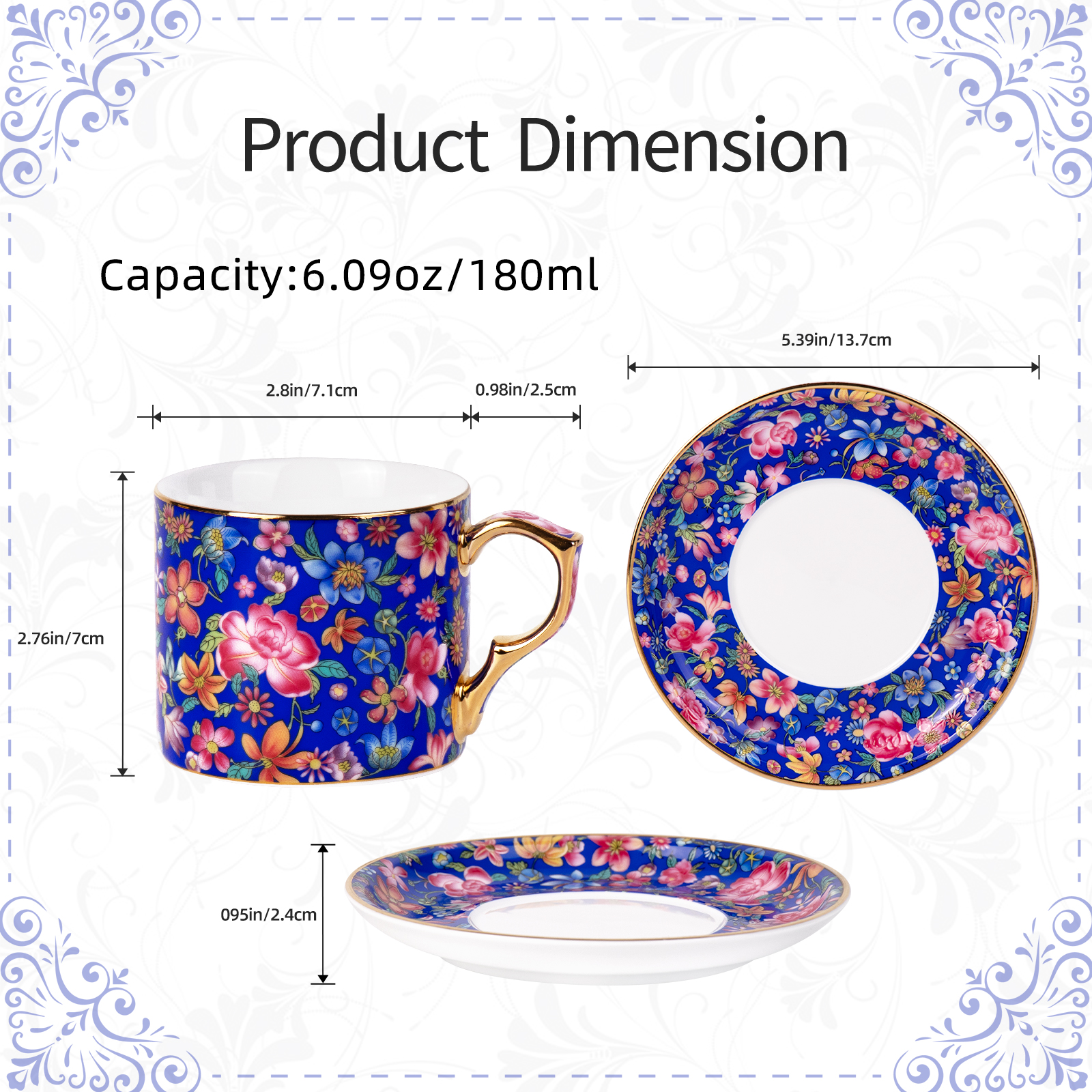 KAMMAK Tea Cups and Saucers Set – Retro floral porcelain with gilded rims
