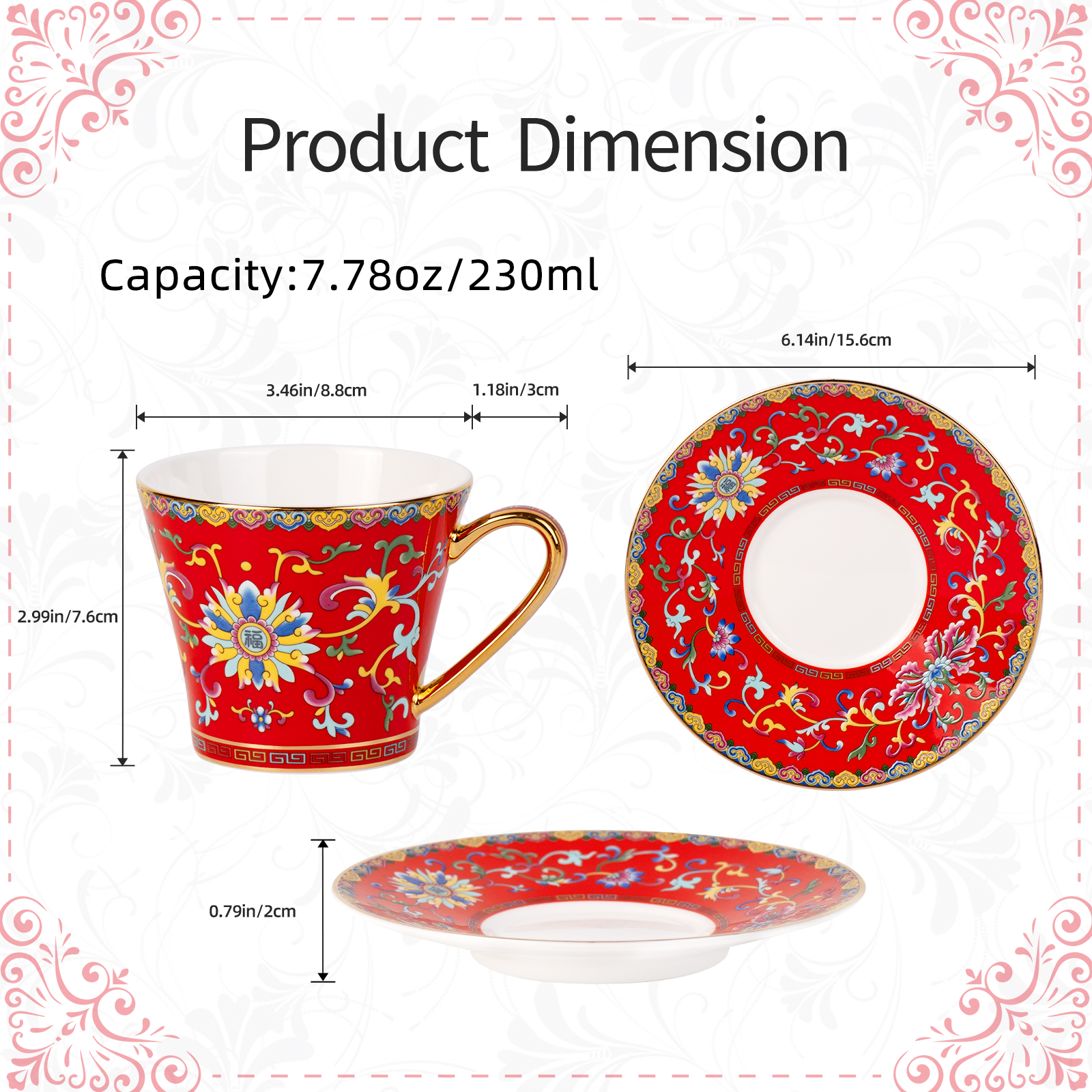 KAMMAK Vintage Tea Cups and Saucers with Gilded Rims, Floral Pattern