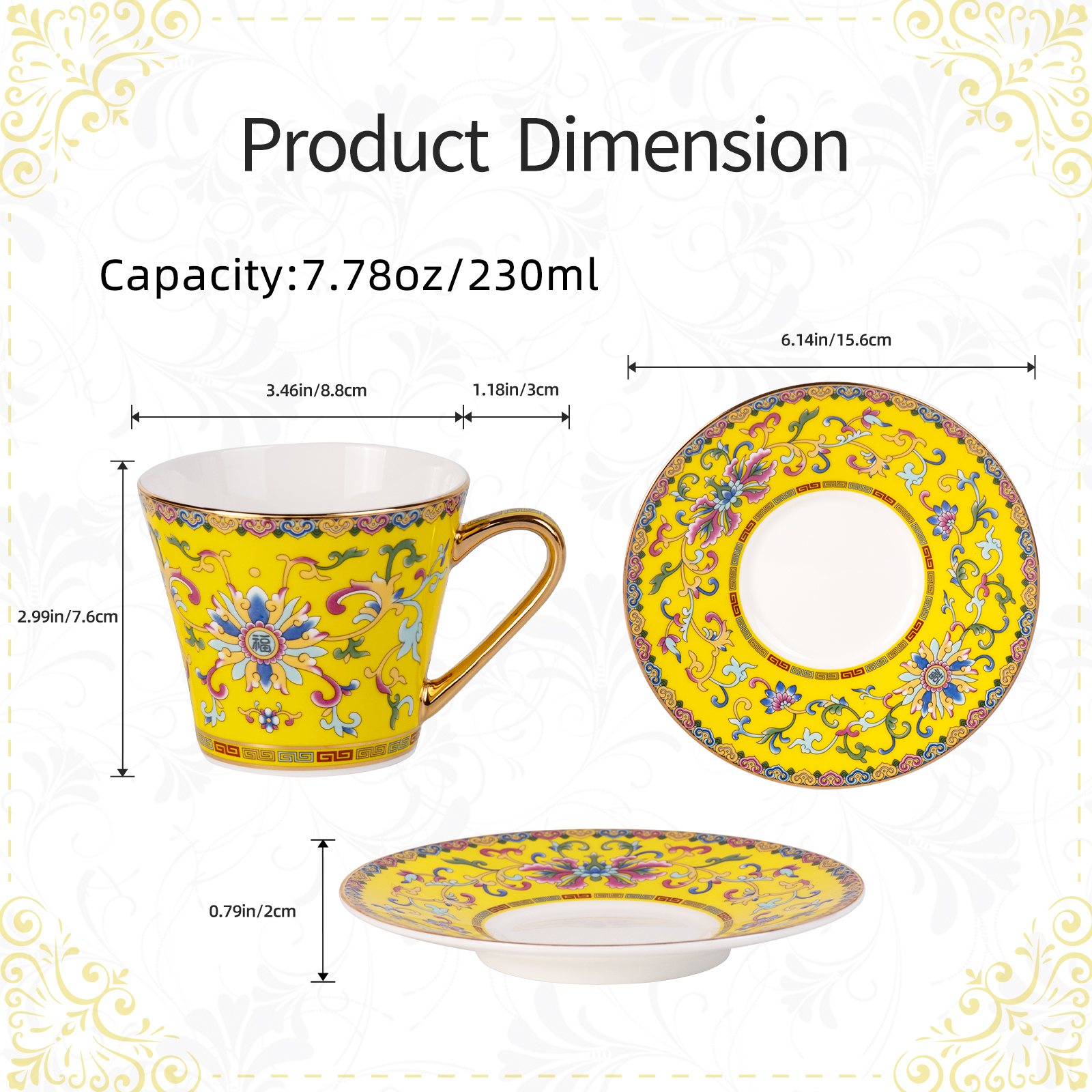 KAMMAK Porcelain Tea Cups and Saucers with Gilded Rims