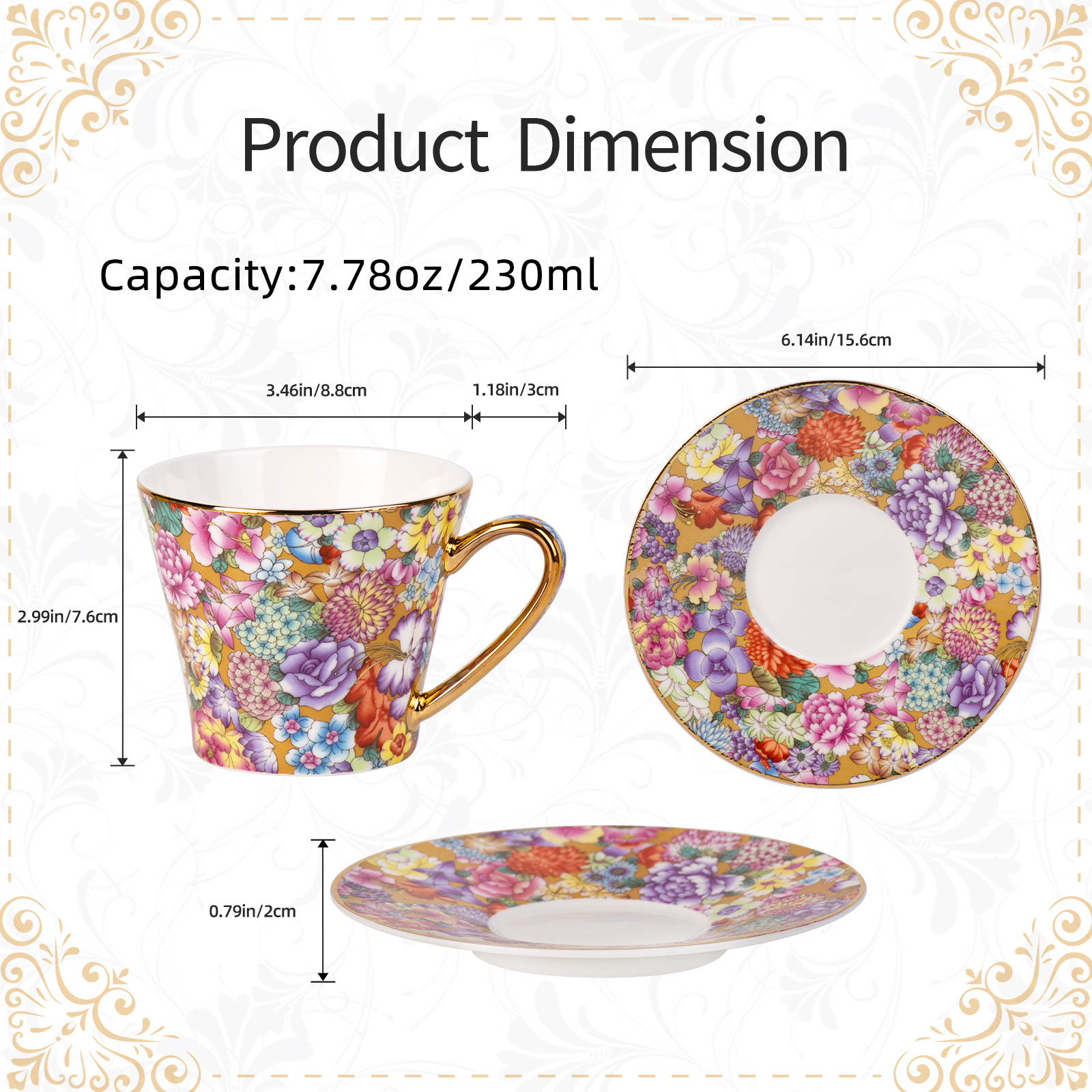 KAMMAK Porcelain Teacup and Saucer Set with Gilded Rims, Retro Floral