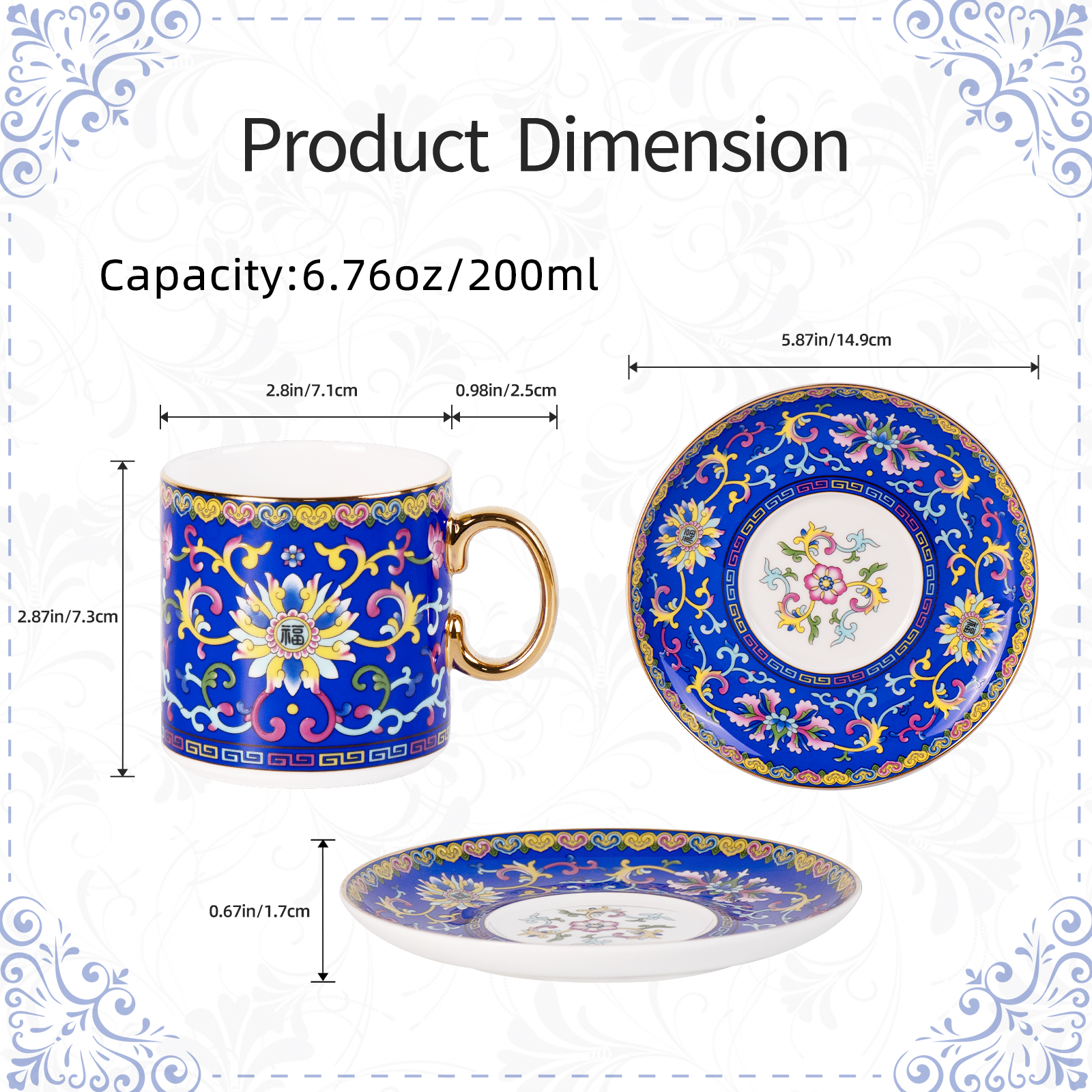 KAMMAK Retro Floral Teacup and Saucer Set with Gilded Rim
