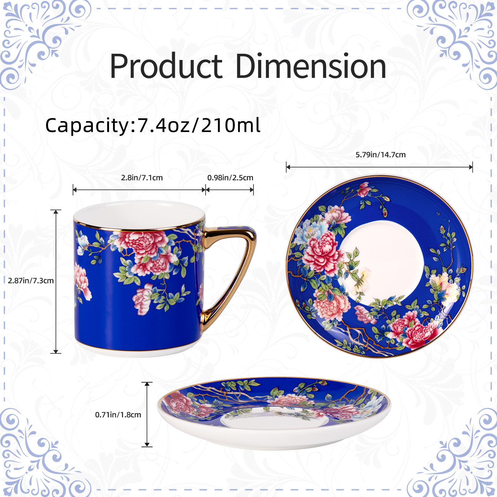 KAMMAK Retro Floral Teacup and Saucer Set – 7.5oz Porcelain with Gilded Rim