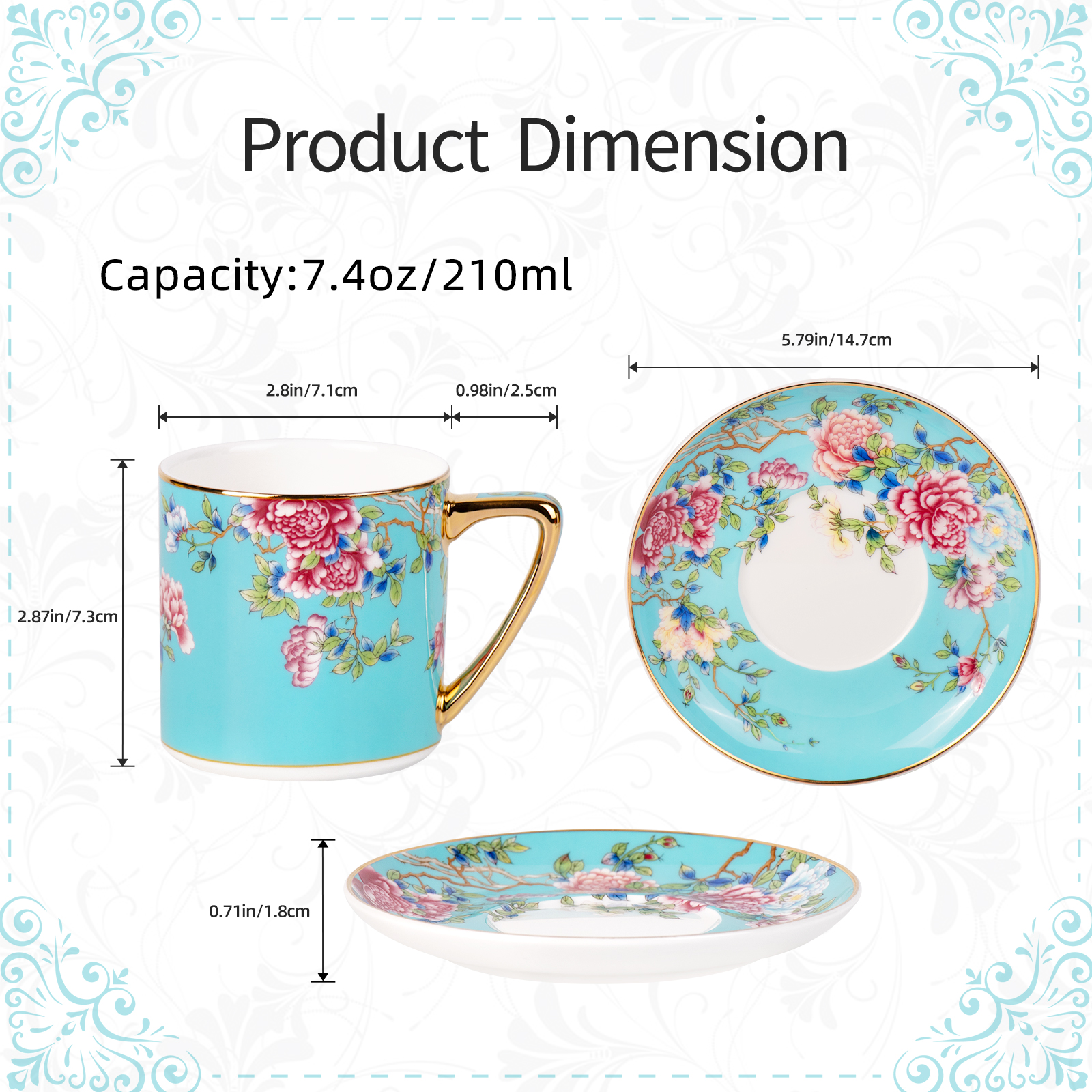 KAMMAK Retro Floral Tea Cups and Saucers Set with Gilded Rims