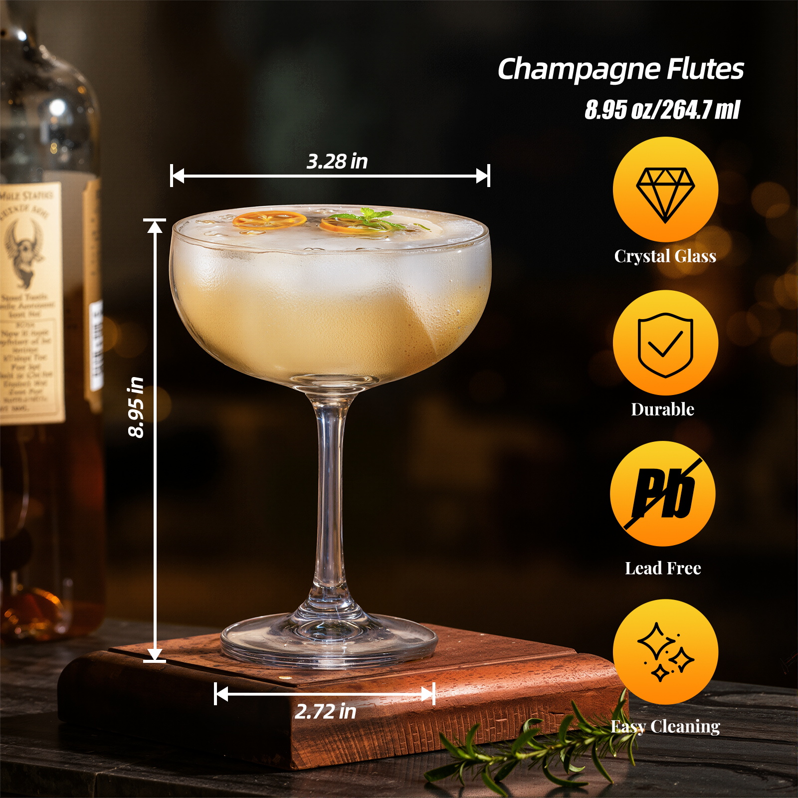 KAMMAK 8.9oz coupe cocktail glasses, lead-free crystal with wide shallow bowl and elegant stem