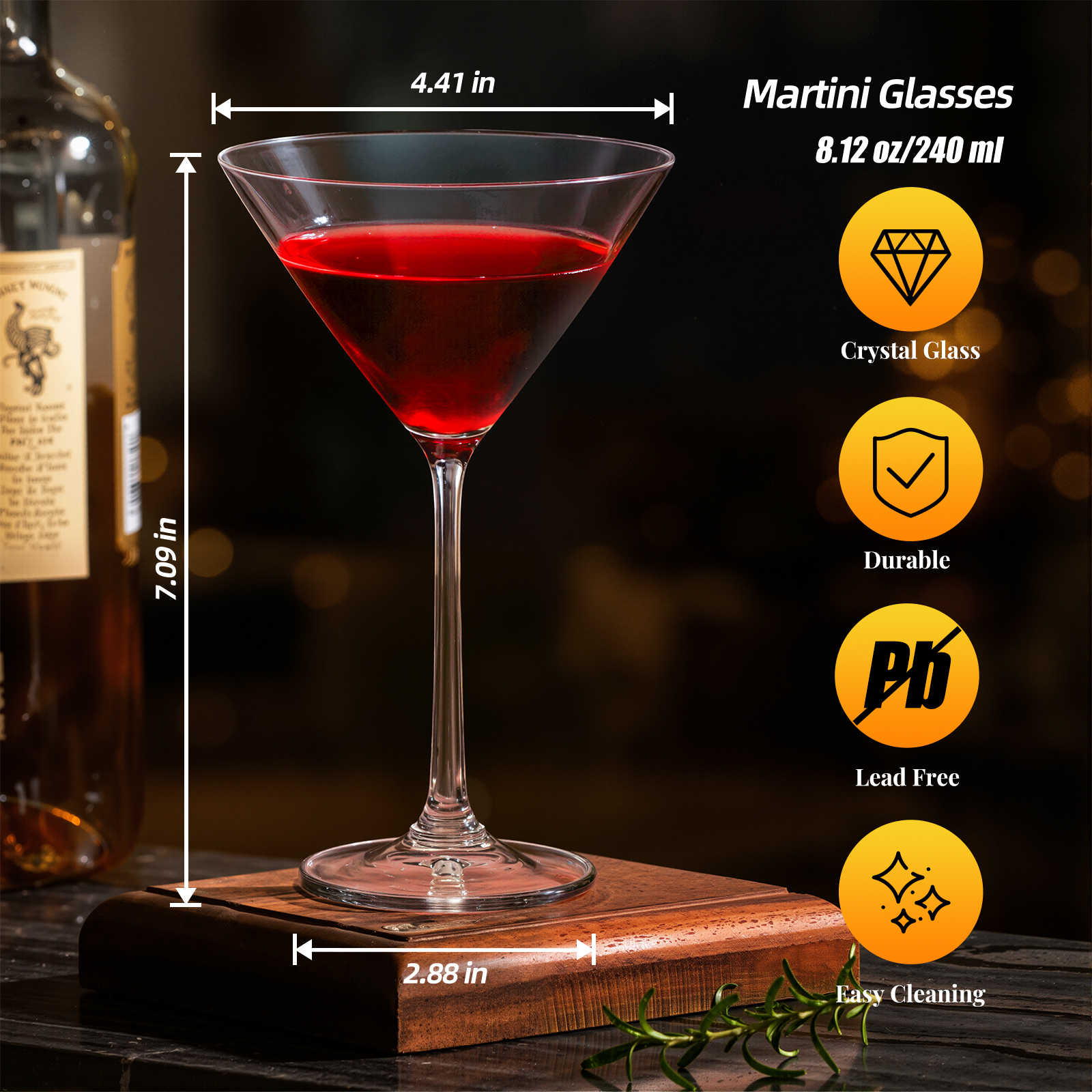 KAMMAK 8oz martini glasses, lead-free crystal with tapered stem and conical bowl