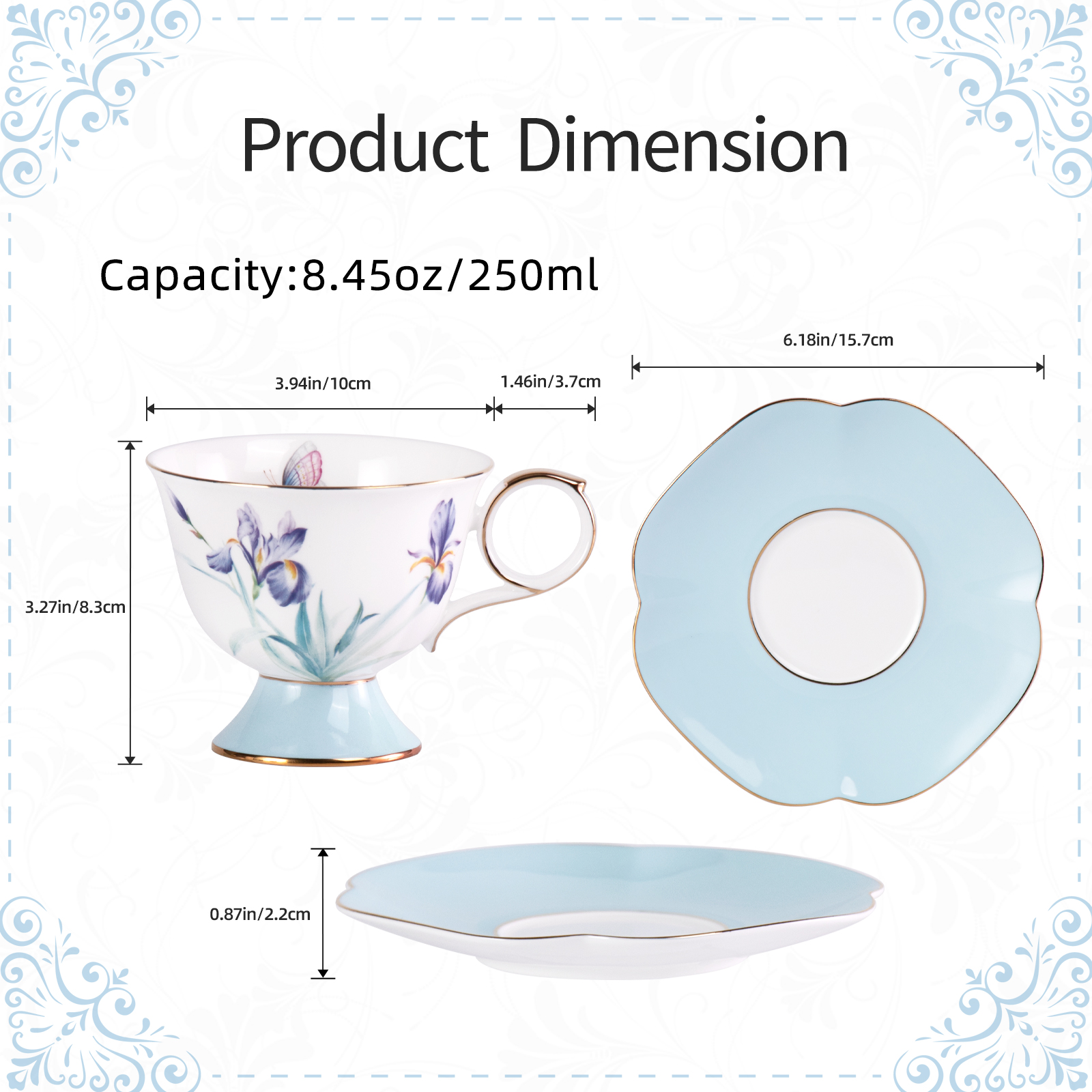 KAMMAK Iris & Butterfly Ceramic Tea and Coffee Cup Set with Gold Accents