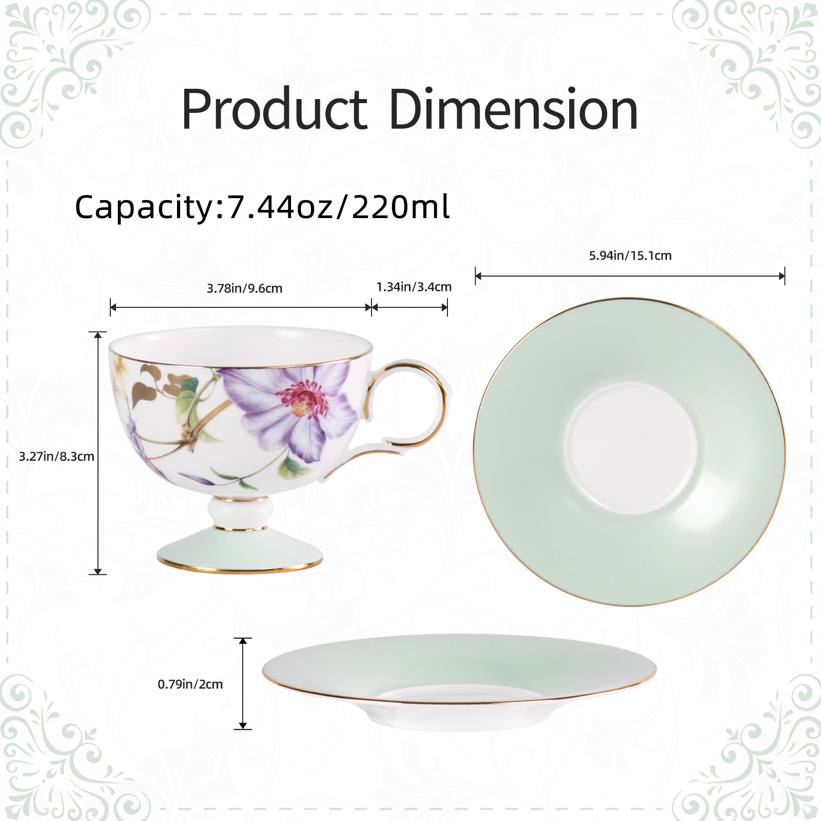 Bone China Tea Cups & Saucers with Passionflower and Crabapple Blossom, Gold Trim, Mint Green Saucers