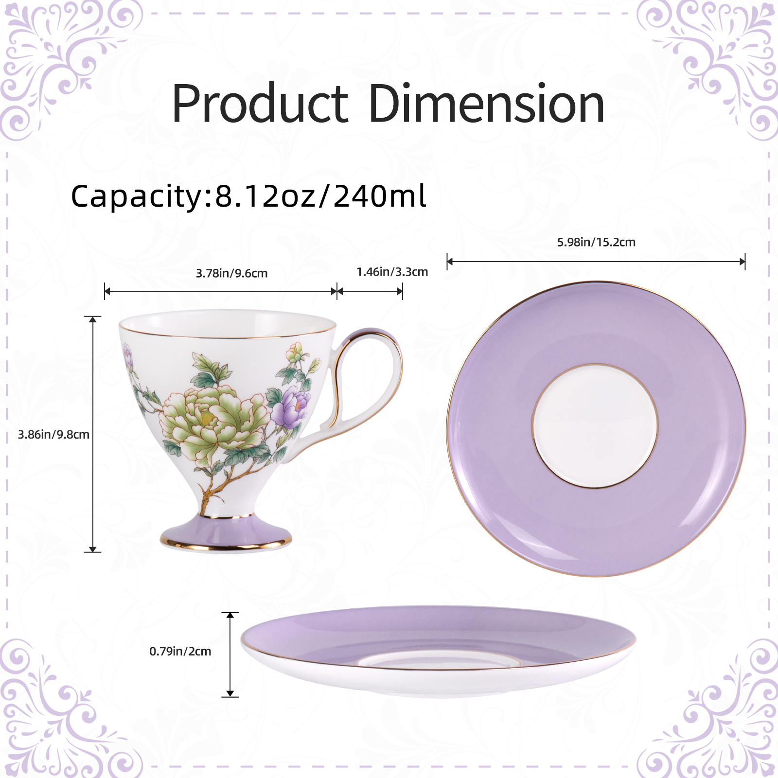 Ceramic Tea Cups & Saucers with Green & Purple Floral Branches, Gold Trim