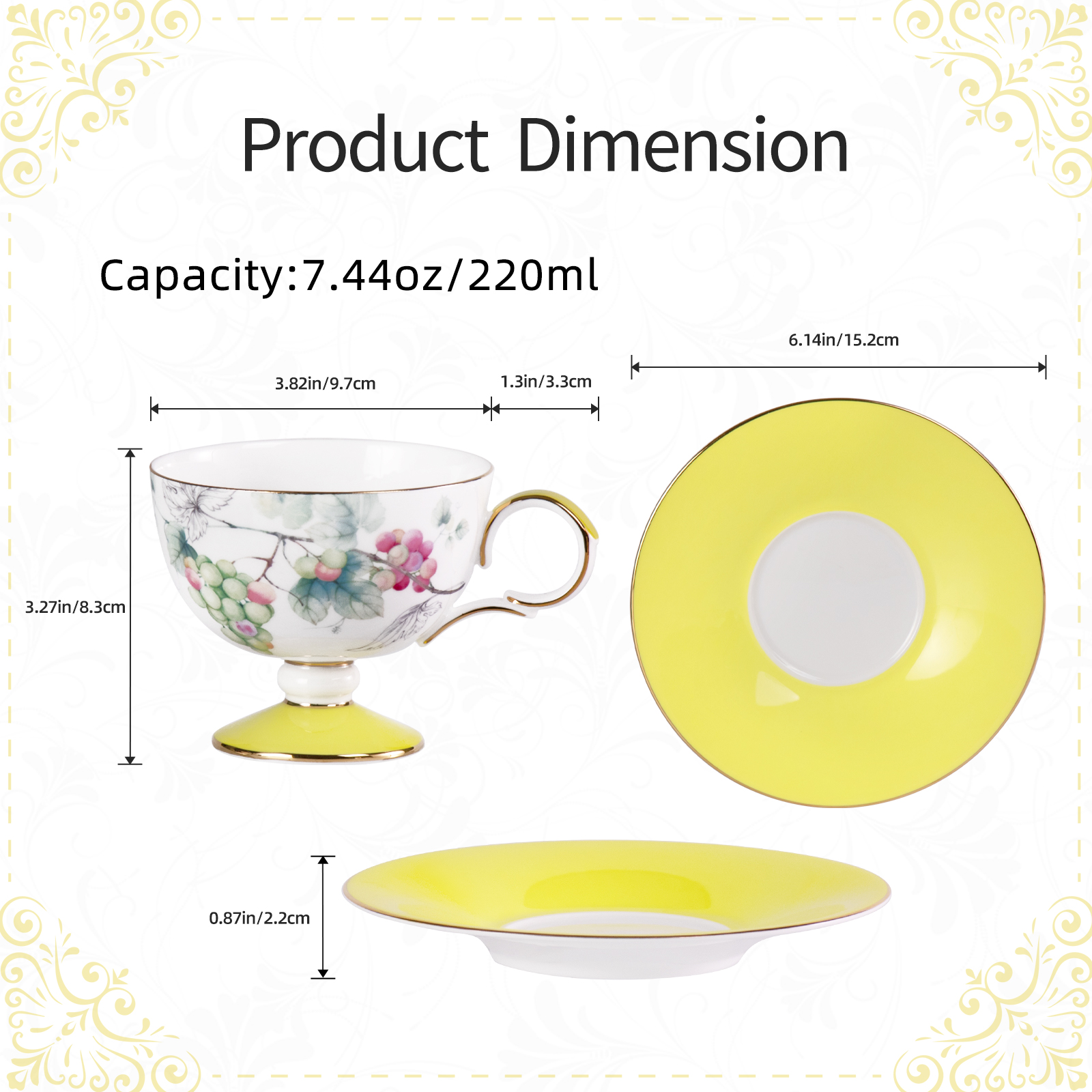 Bone China Fruit Tea Cups & Saucers with Grape and Blueberry Patterns, Gold Trim