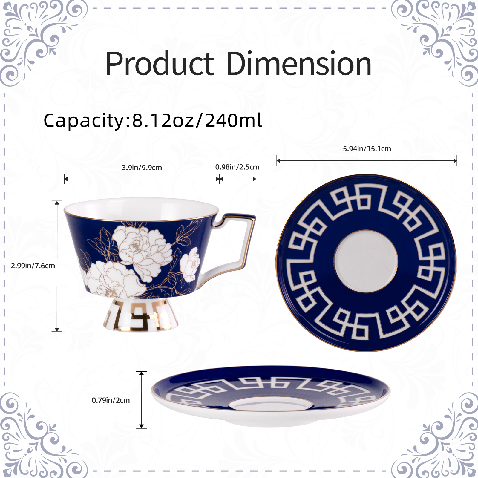 Ceramic Tea Cups & Saucers with White Peony and Geometric Saucers, Gold Trim