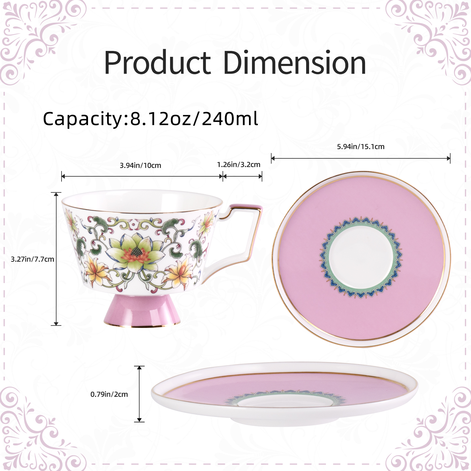 KAMMAK Lotus & Scroll Floral Tea Cup and Saucer with Gold Accents, Mint & Pink Dual-Tone