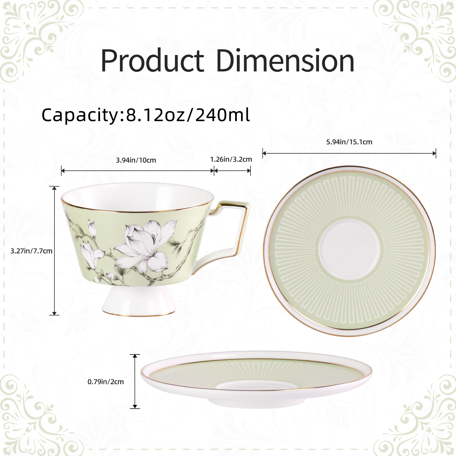 KAMMAK Magnolia Floral Tea Cup and Saucer with Gold Accents in Turquoise & Sage