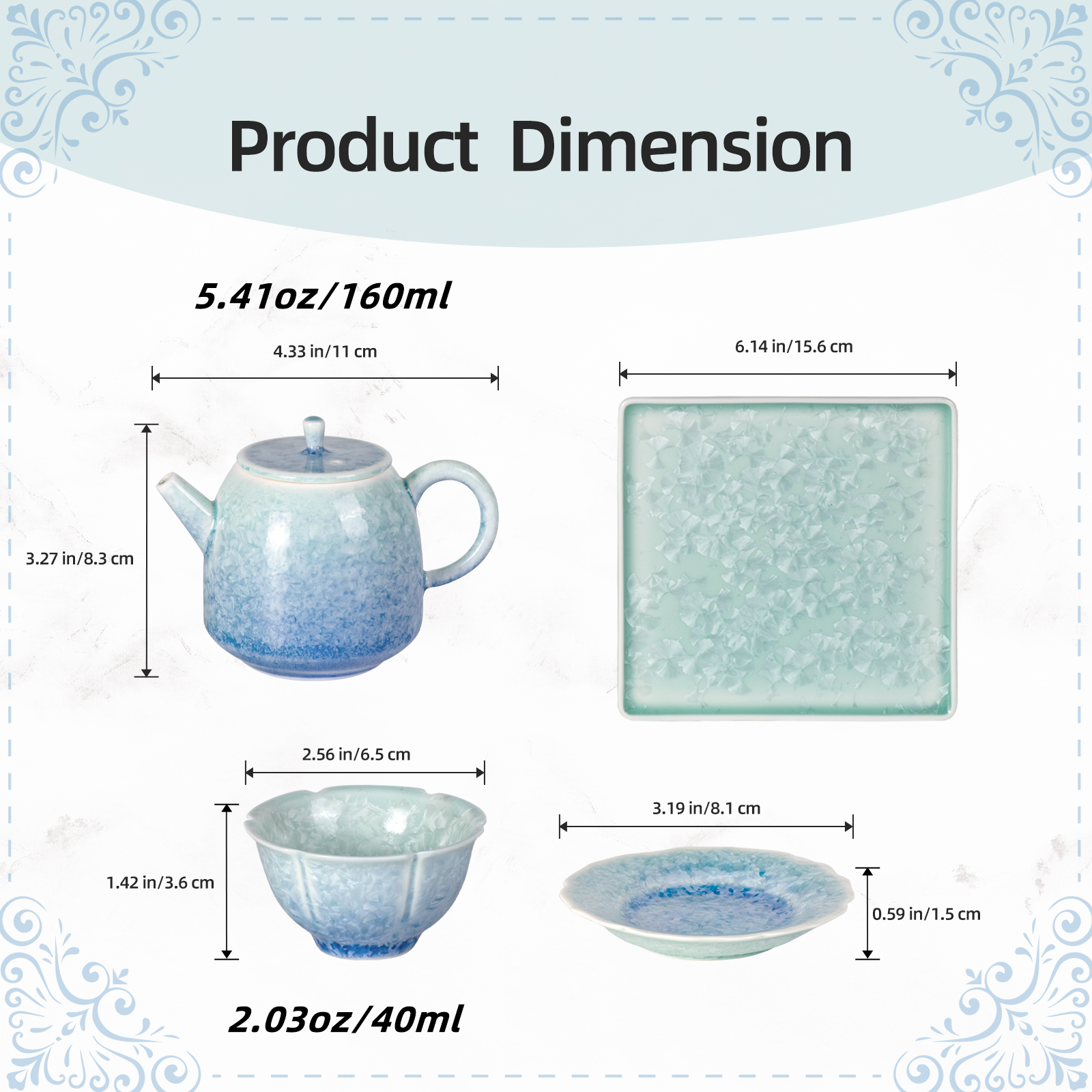KAMMAK Crystalline Porcelain Chinese Tea Set - Teapot & Cups