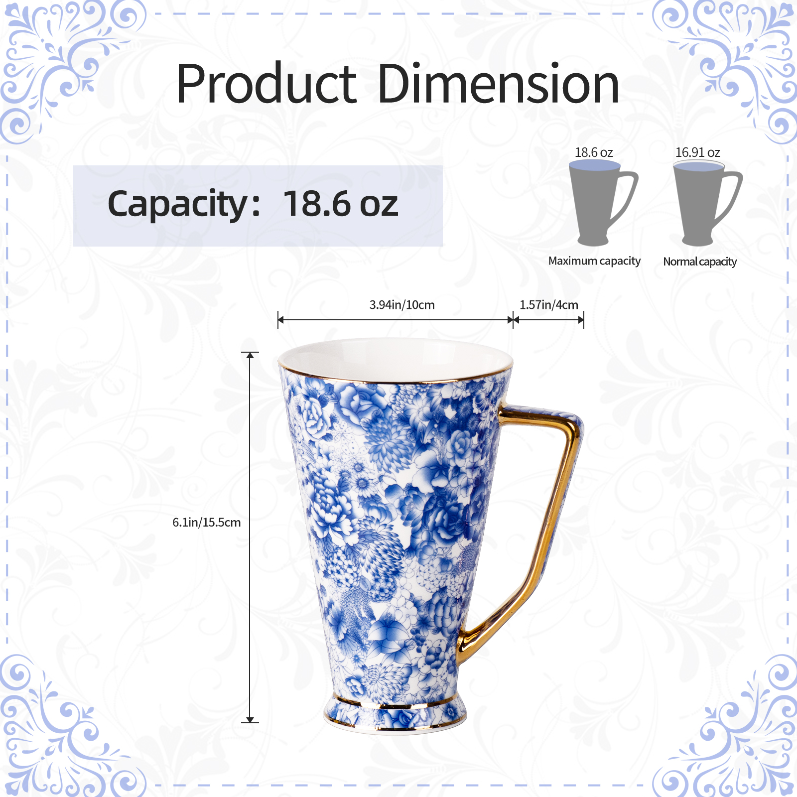 KAMMAK 20oz Porcelain Mug with Gilded Rim and Blue-and-White Motifs