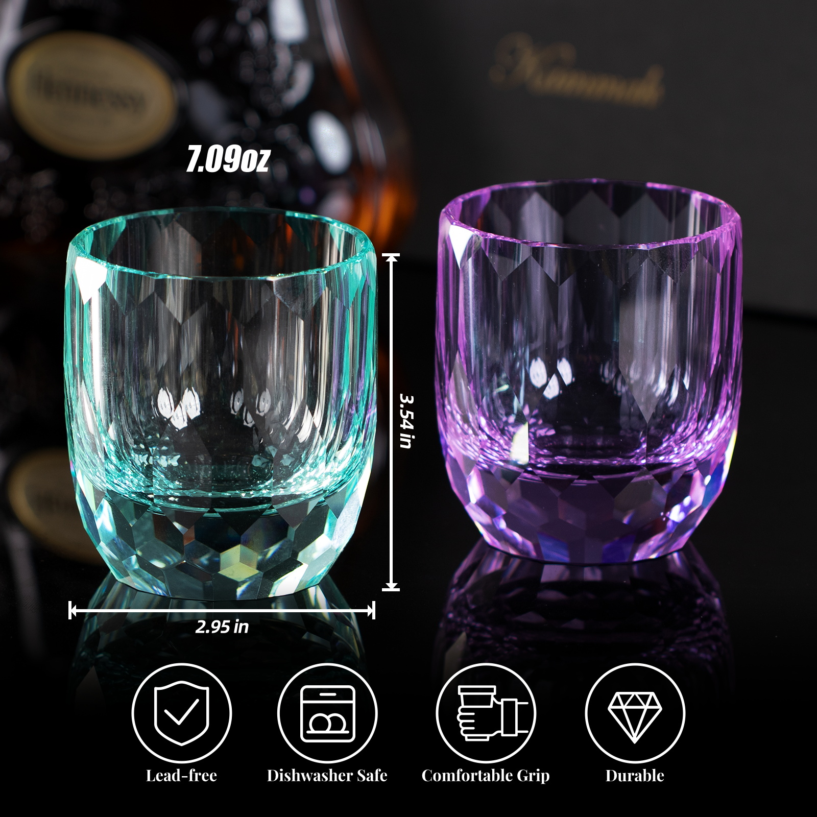 KAMMAK Hand-Blown Crystal Whiskey Glasses with Sparkle-Luster Etching