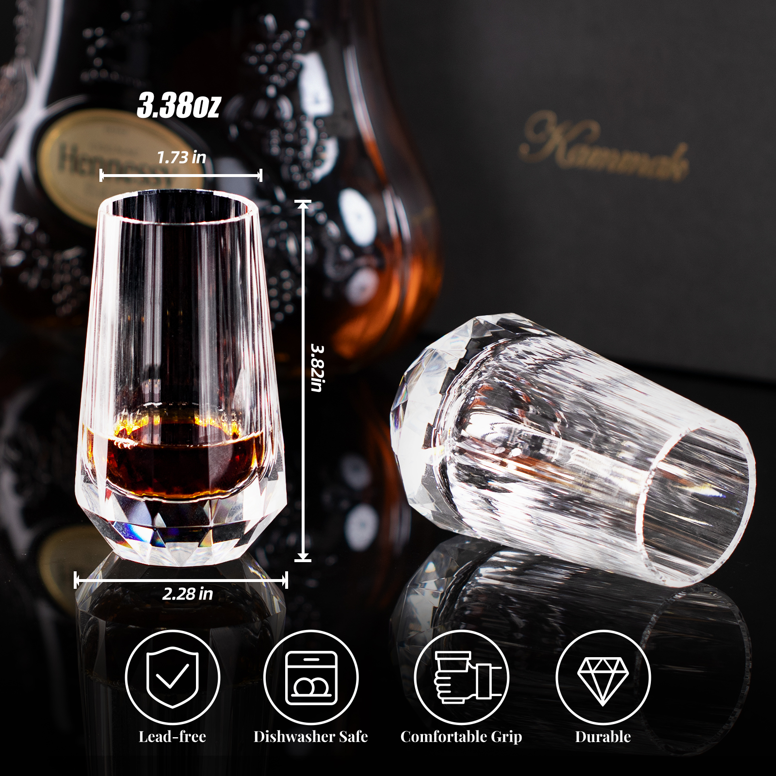 Crystal 3.38 oz shot glasses with intricate etching and thick base