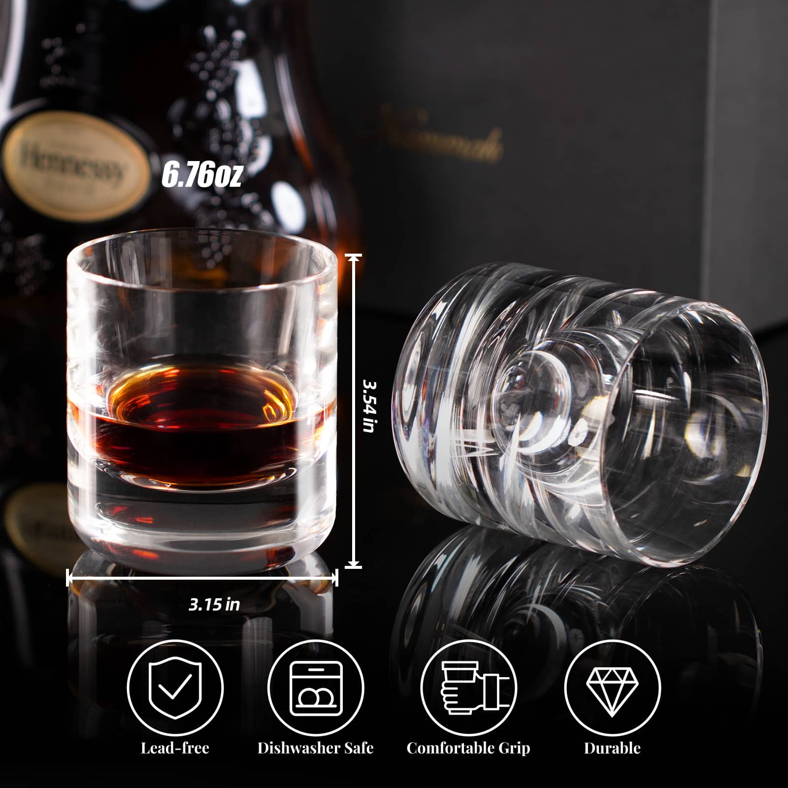 KAMMAK Hand-Blown Crystal Whiskey Glasses with Etched Sparkle-Luster