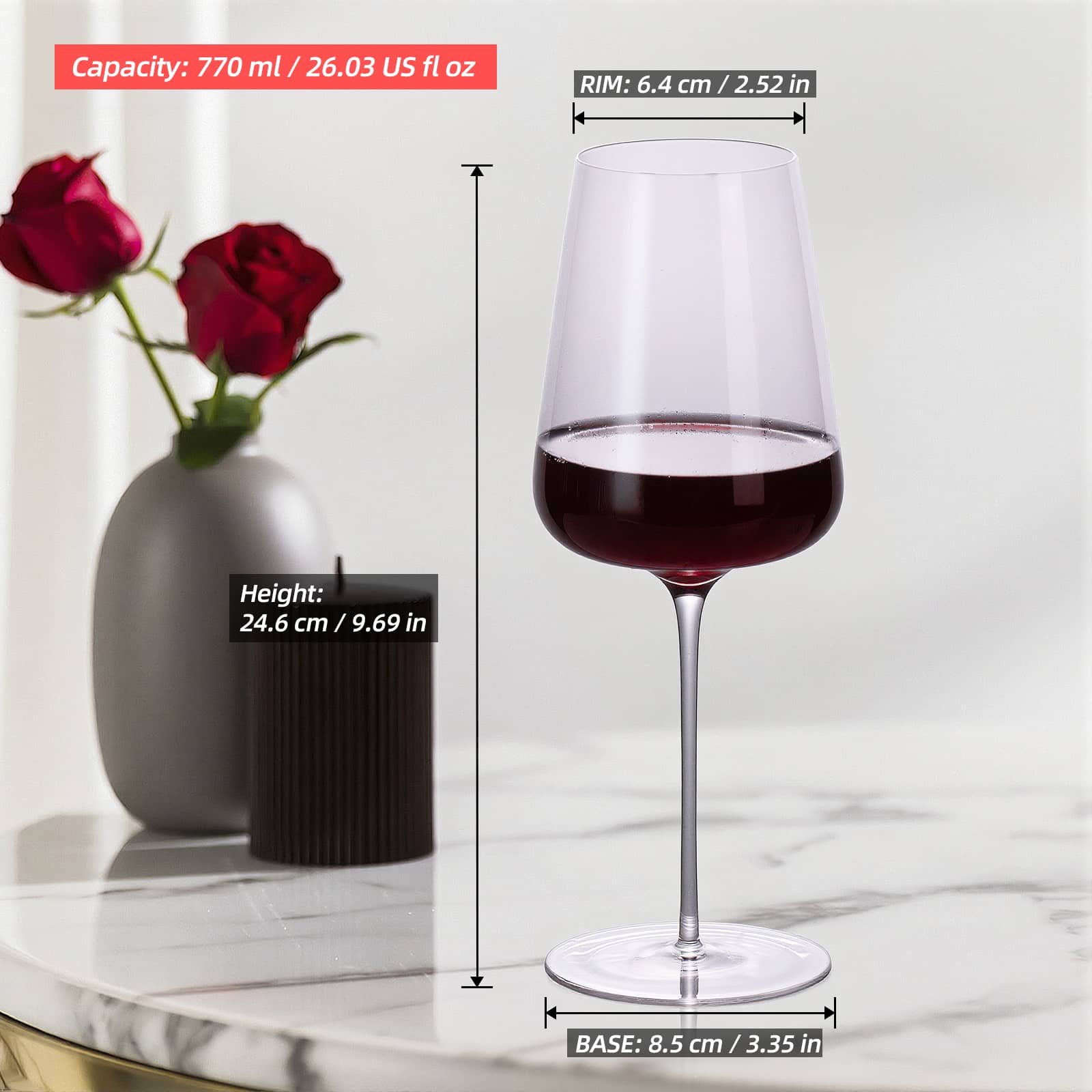 KAMMAK red wine glasses set of 2, lead-free crystal clarity with wide bowl for aeration