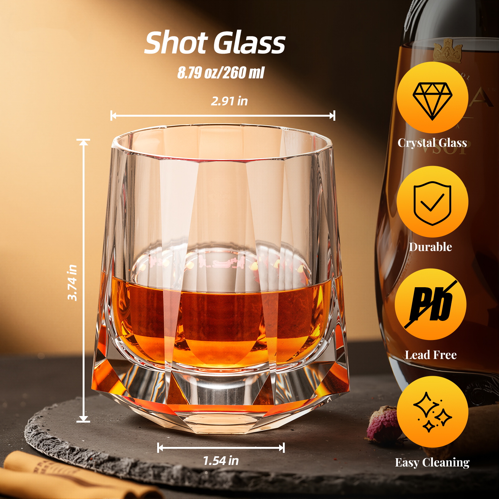KAMMAK K9 Lead-Free Crystal Whiskey Glass with Weighted Base and Faceted Texture