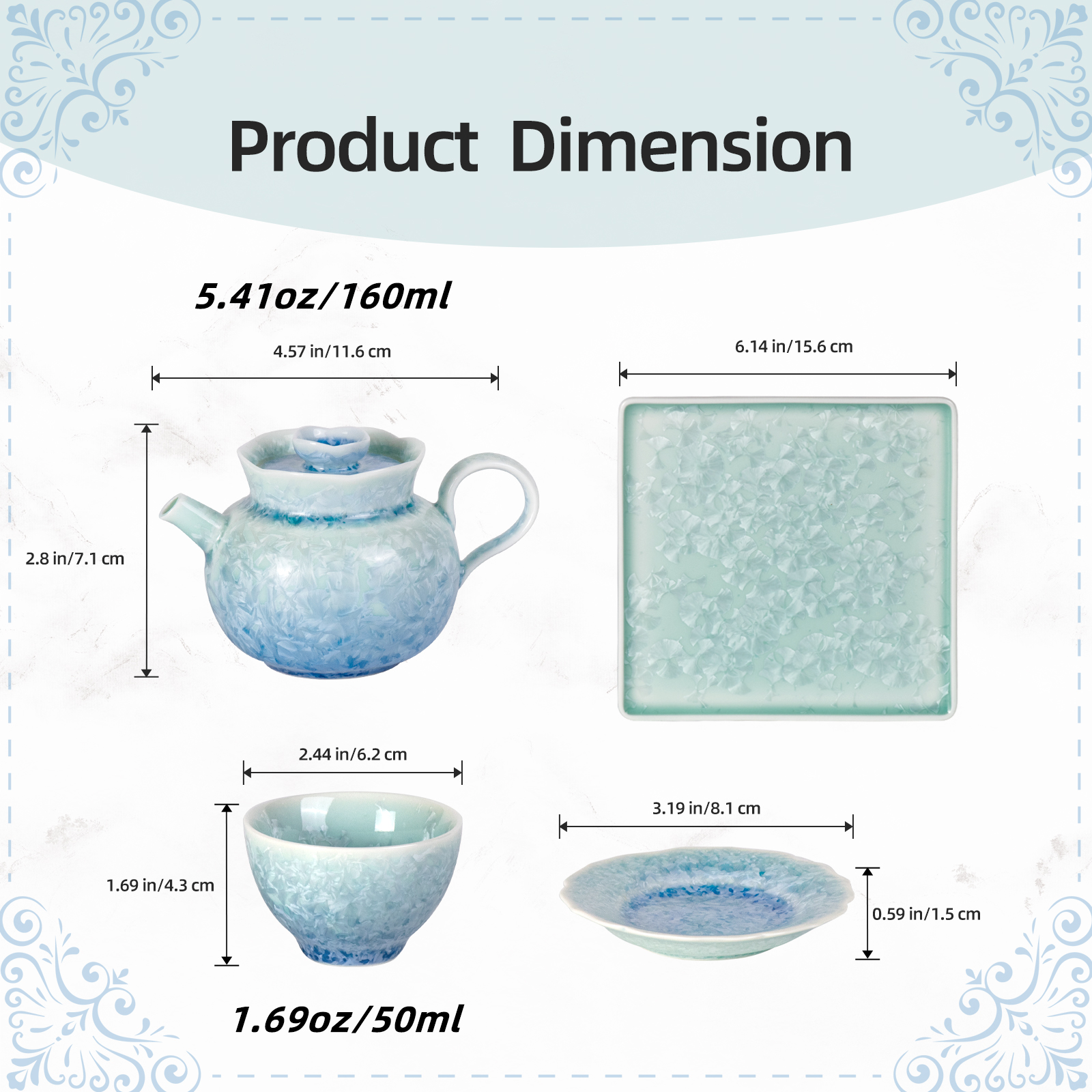 KAMMAK Chinese Tea Set with Crystalline Glaze — Teapot, Tray, Cups & Saucers