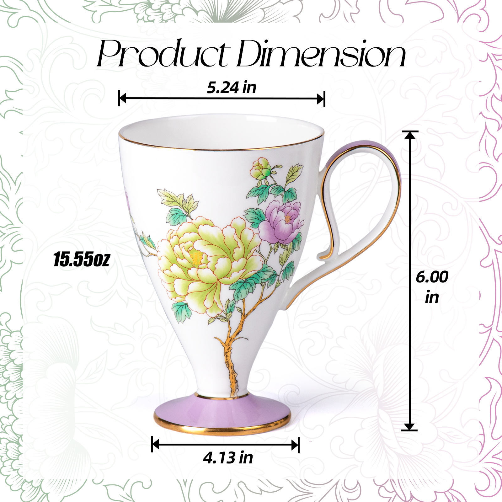KAMMAK Bone China Mug 15oz with Gold Detailing and Exquisite Pattern