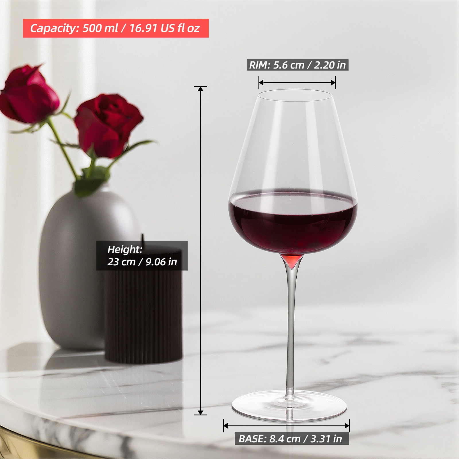 KAMMAK Lead-Free Crystal Wine Glasses, 16.9oz, Set of 2