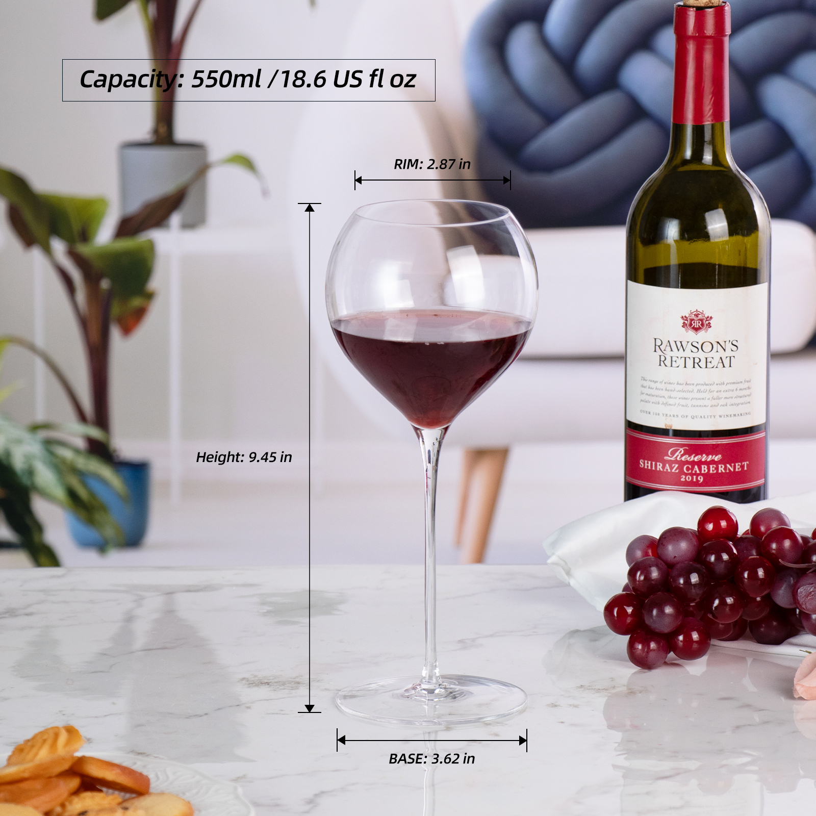 KAMMAK 18.6oz Lead-Free Crystal Wine Glasses, Set of 2