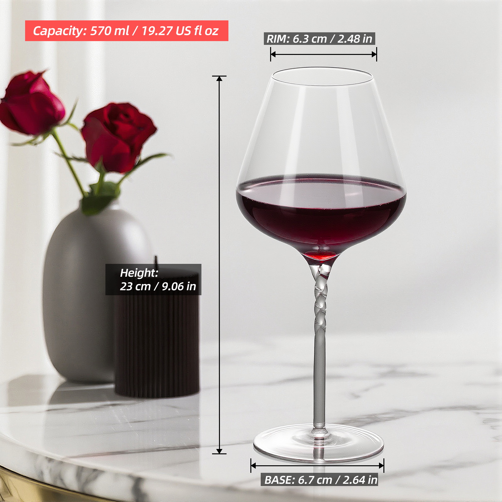 KAMMAK Lead-Free Crystal Red Wine Glasses with Twisted Stem, 19oz