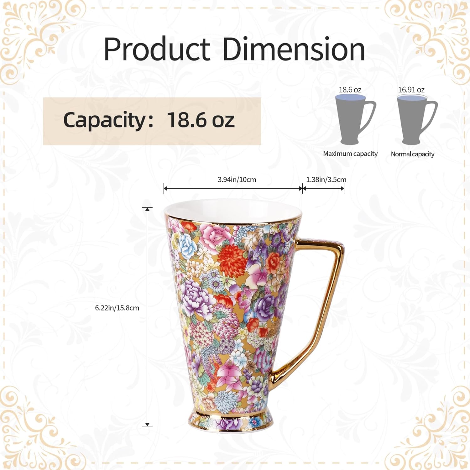 KAMMAK 20oz Tall Porcelain Coffee Mugs with Floral Pattern and Gold Rim