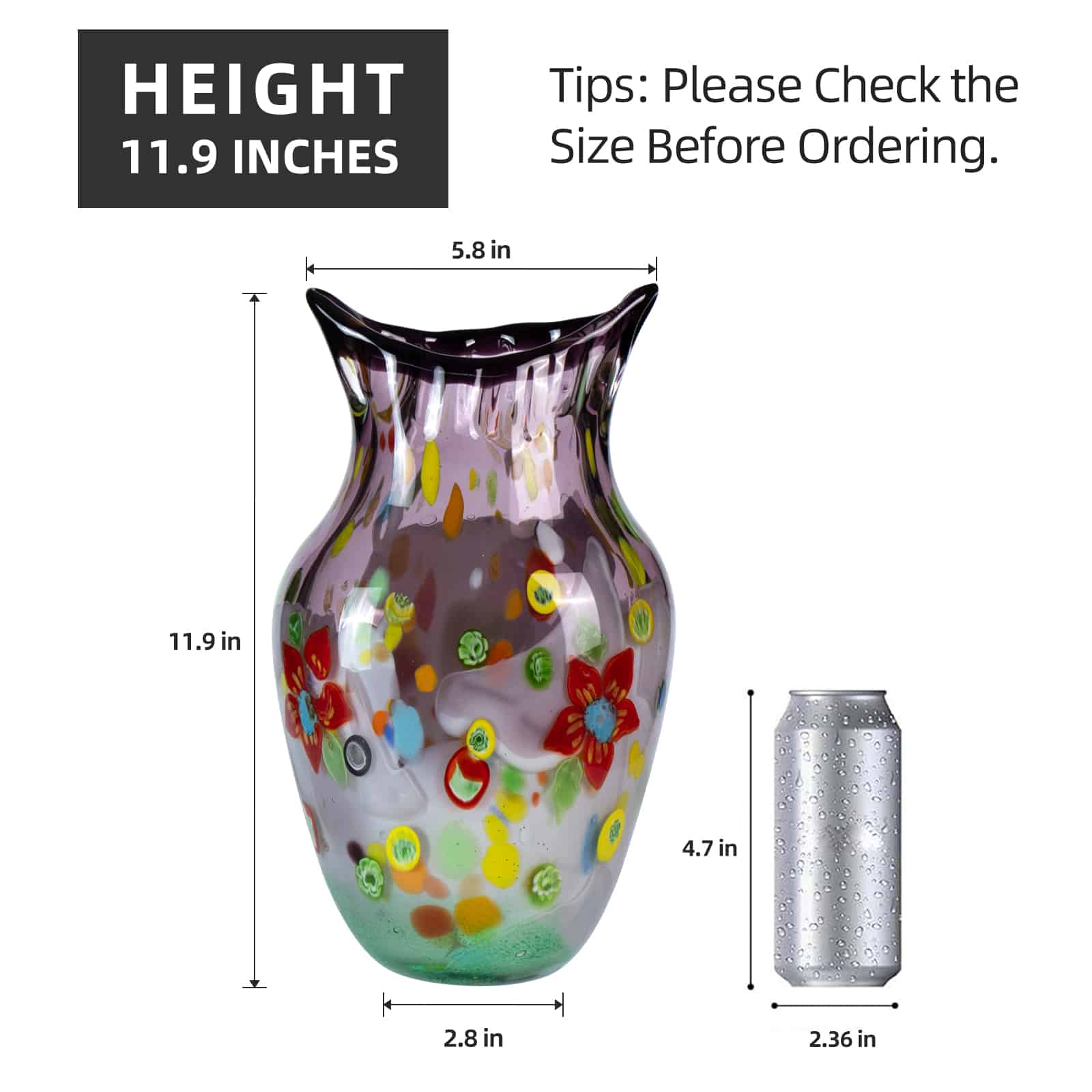 KAMMAK hand blown colorful glass vase with wide round mouth - decorative centerpiece