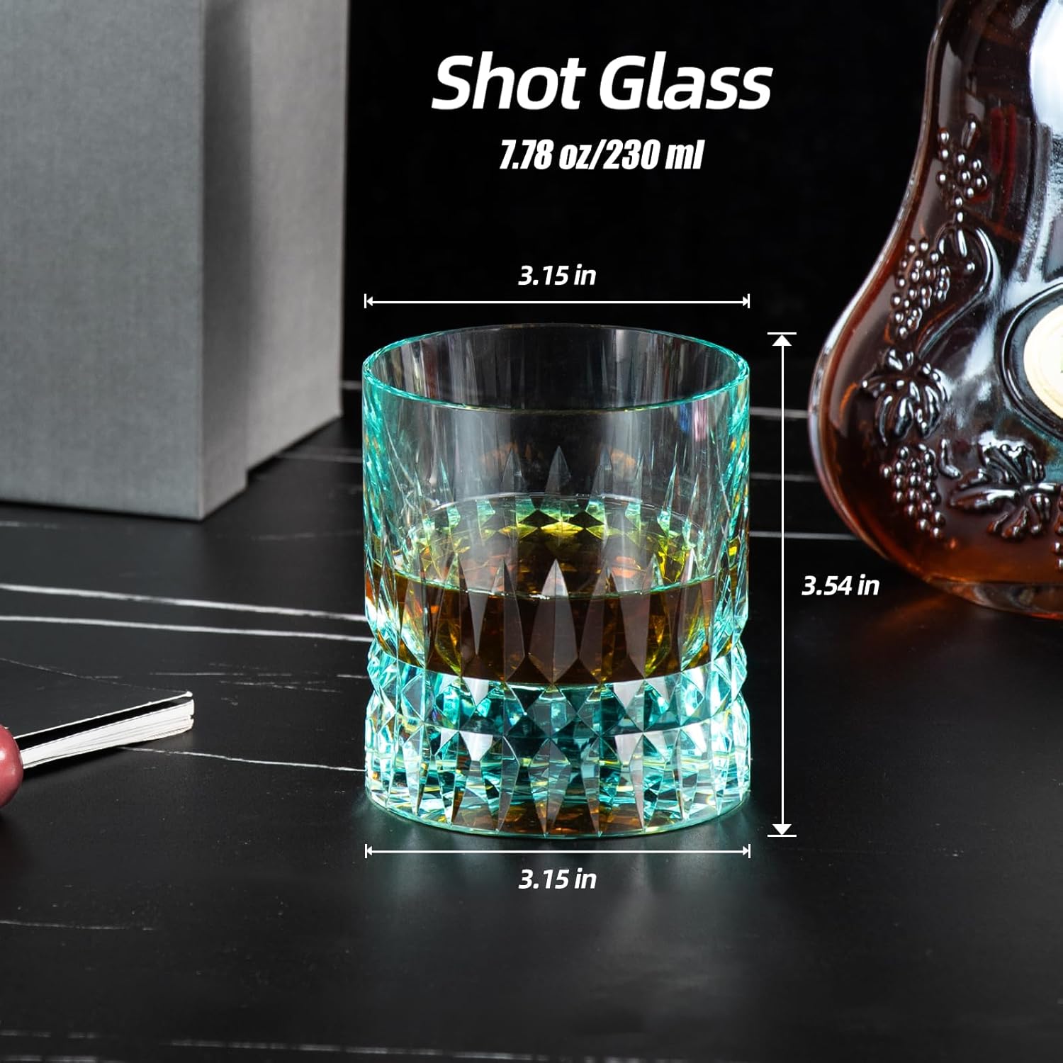 KAMMAK aqua green crystal whiskey glasses set of 2, 7.8 oz (230 ml) hand-blown old fashioned tumbler with thick base and polished rim