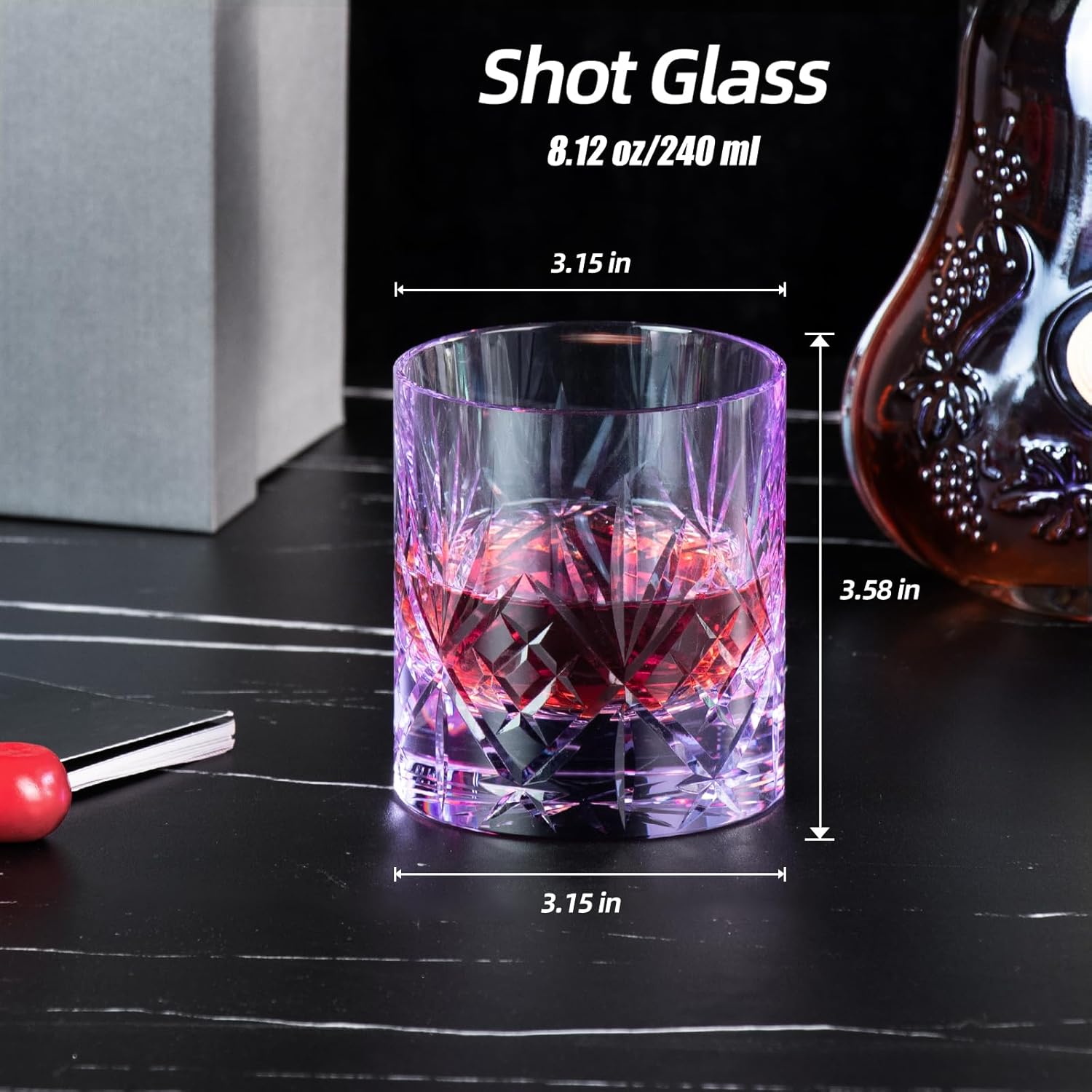 KAMMAK crystal whiskey glasses set of 2, 8.12 oz (240 ml) purple old fashioned tumblers with weighted thick base and seamless design