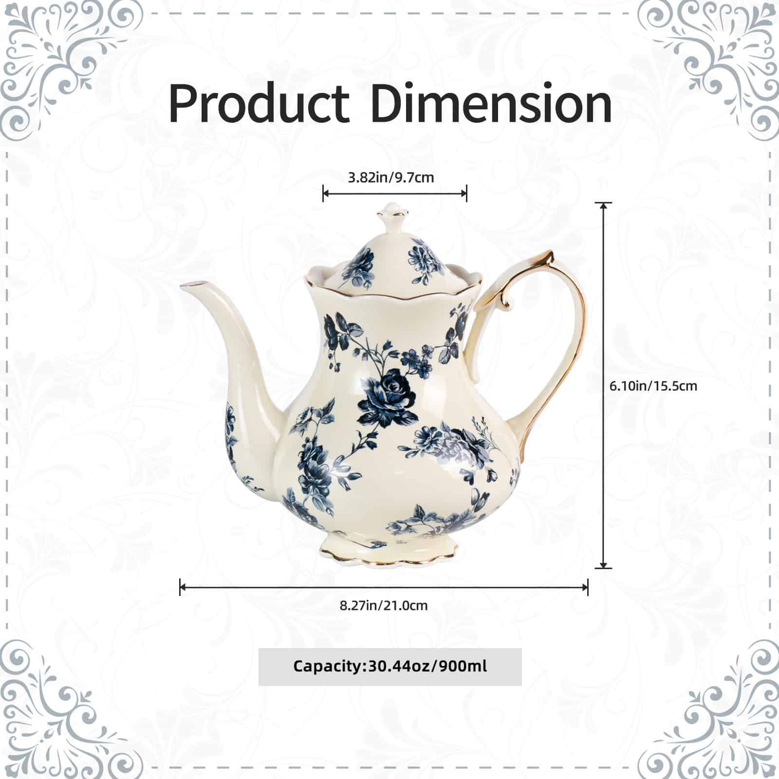 KAMMAK vintage flower teapot with gold trim - decorative ceramic teapot