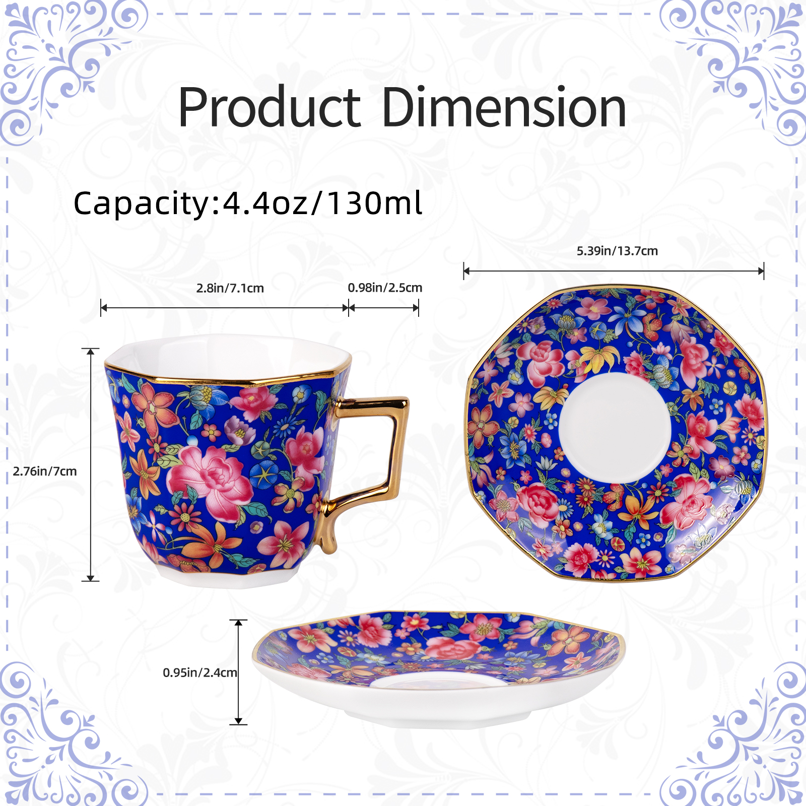 KAMMAK Square Floral Tea Cups with Saucers — Gilded Rims (Set of 2)