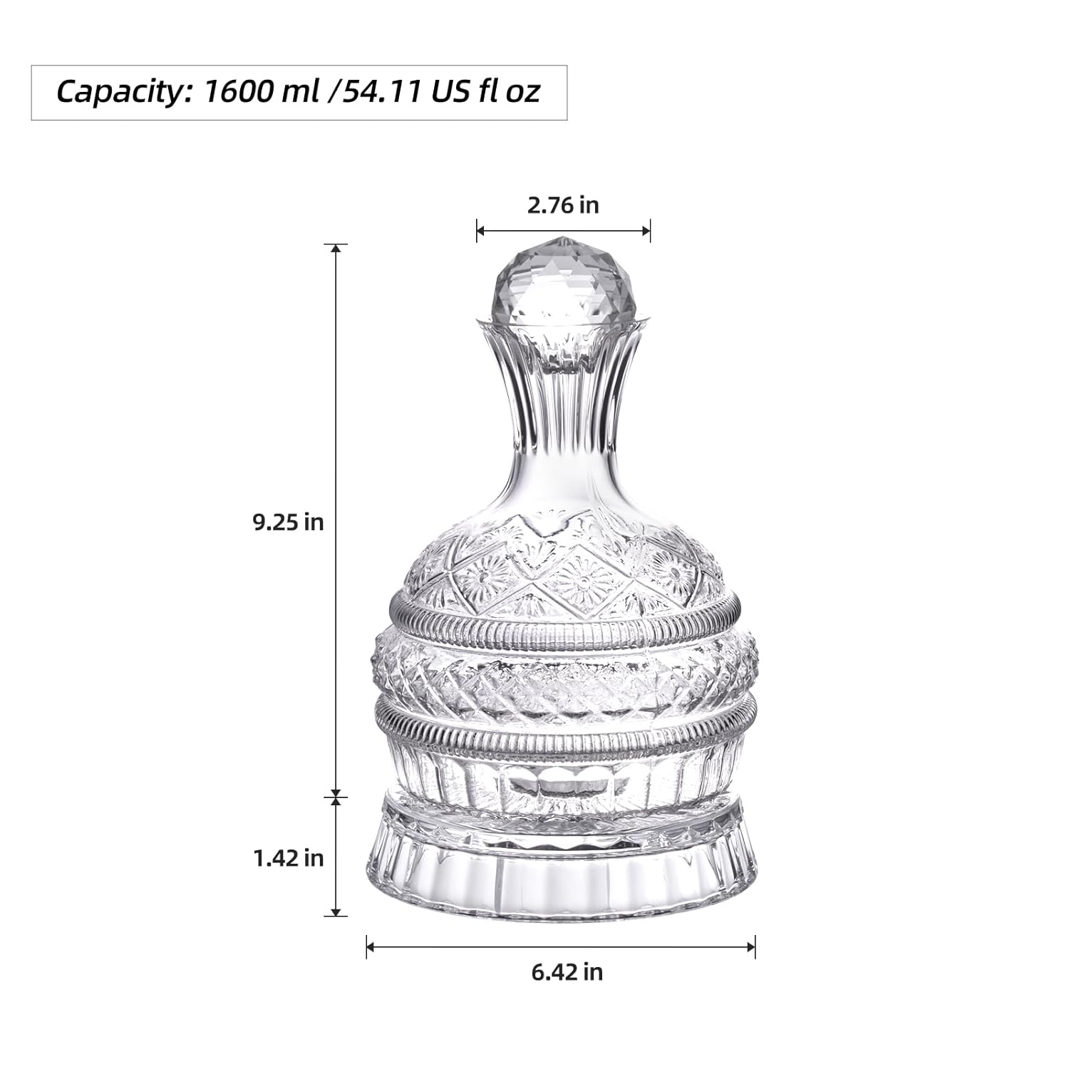 KAMMAK lead-free crystal wine decanter 1600ml with rotatable base and crystal stopper