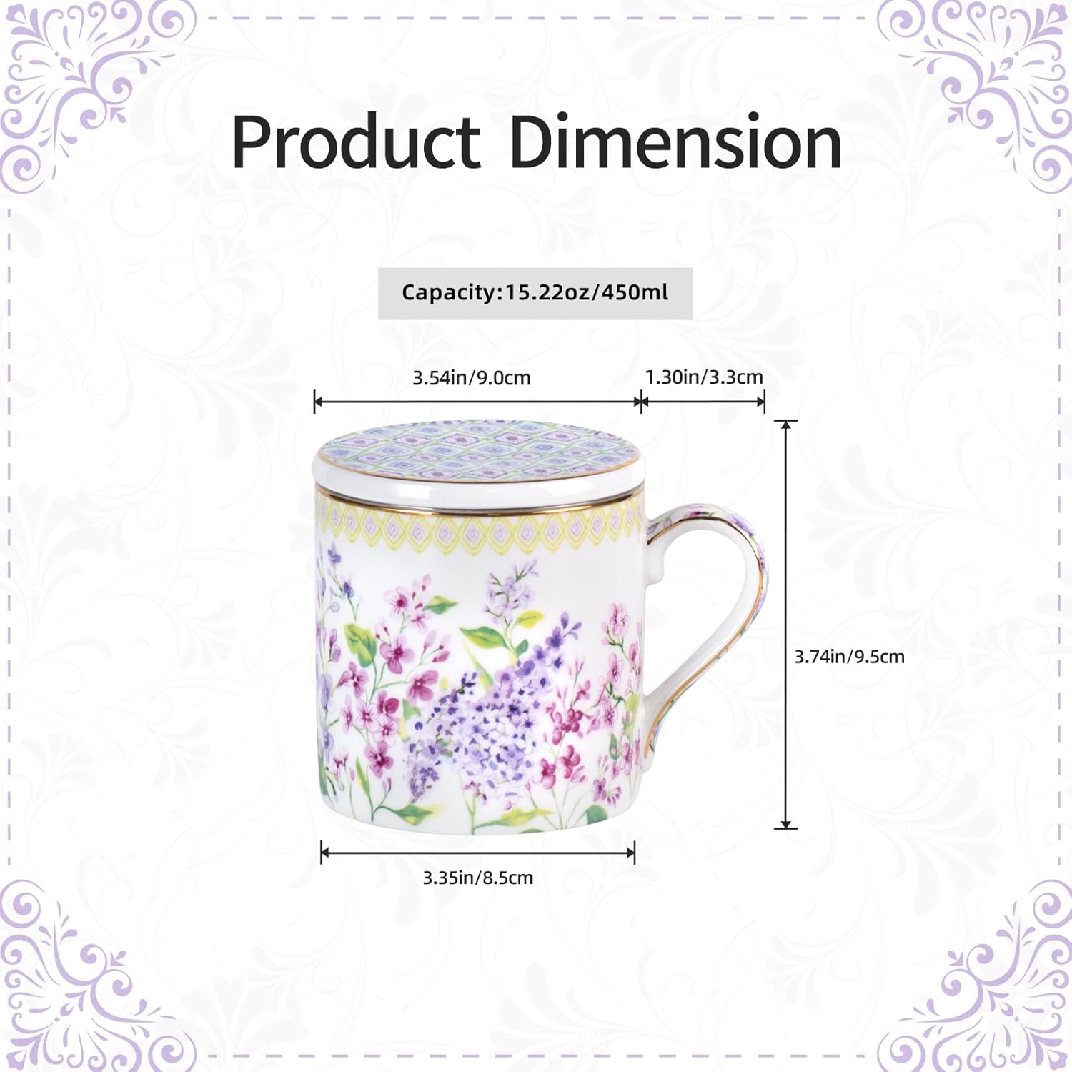 KAMMAK 15oz bone china mug with lid and removable infuser - lilac floral design