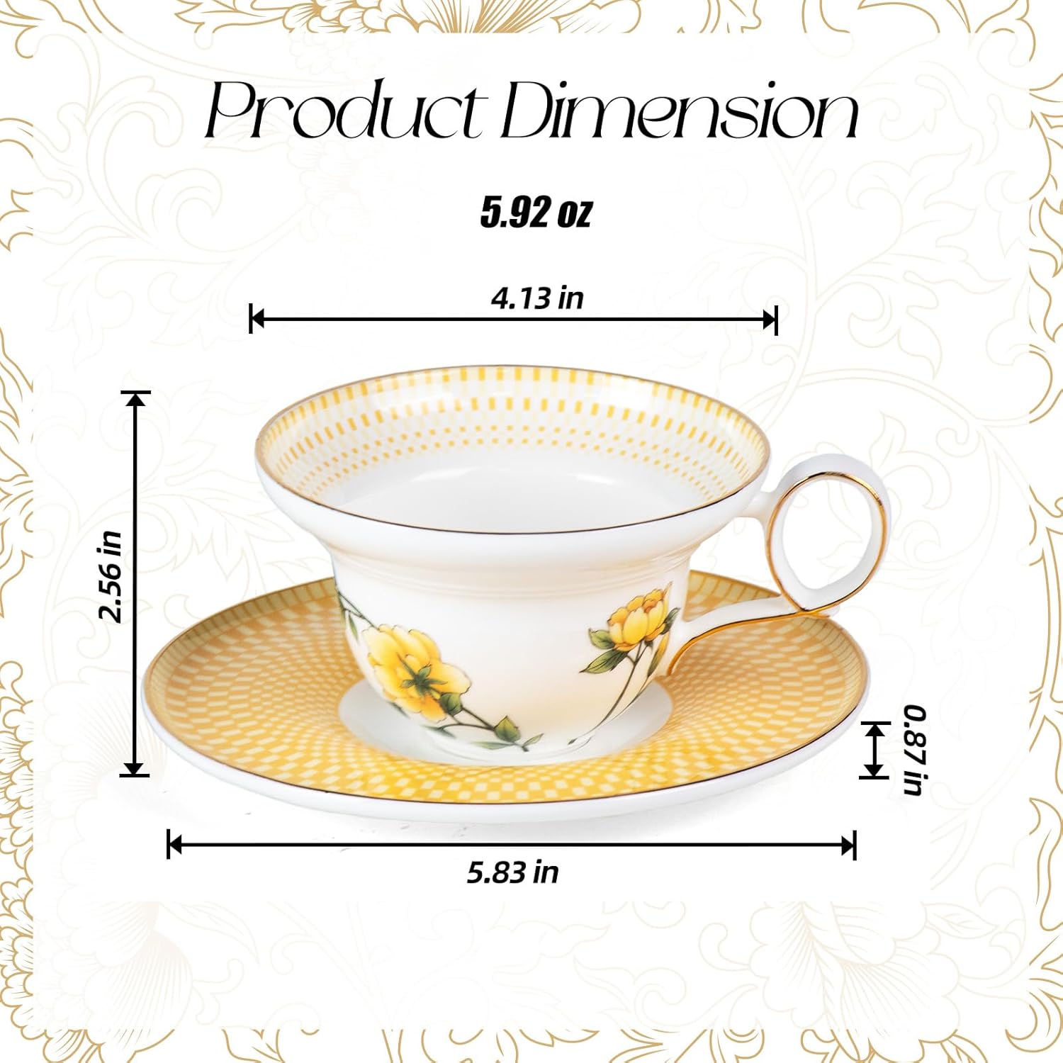 KAMMAK bone china espresso cups with saucers set of 2 - floral pattern with gold trim