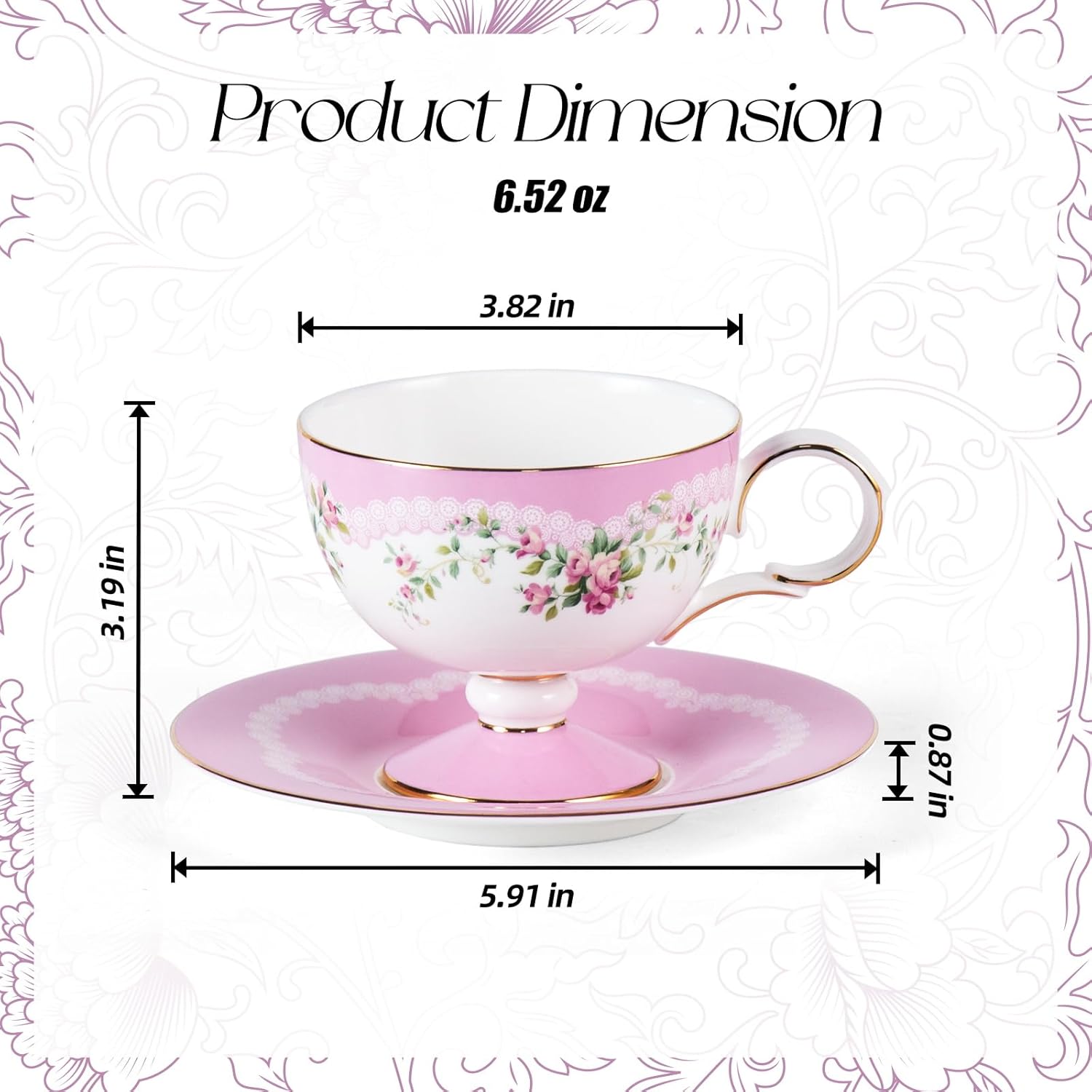 KAMMAK porcelain espresso cups with saucers set of 2 - gold trim floral cup and saucer