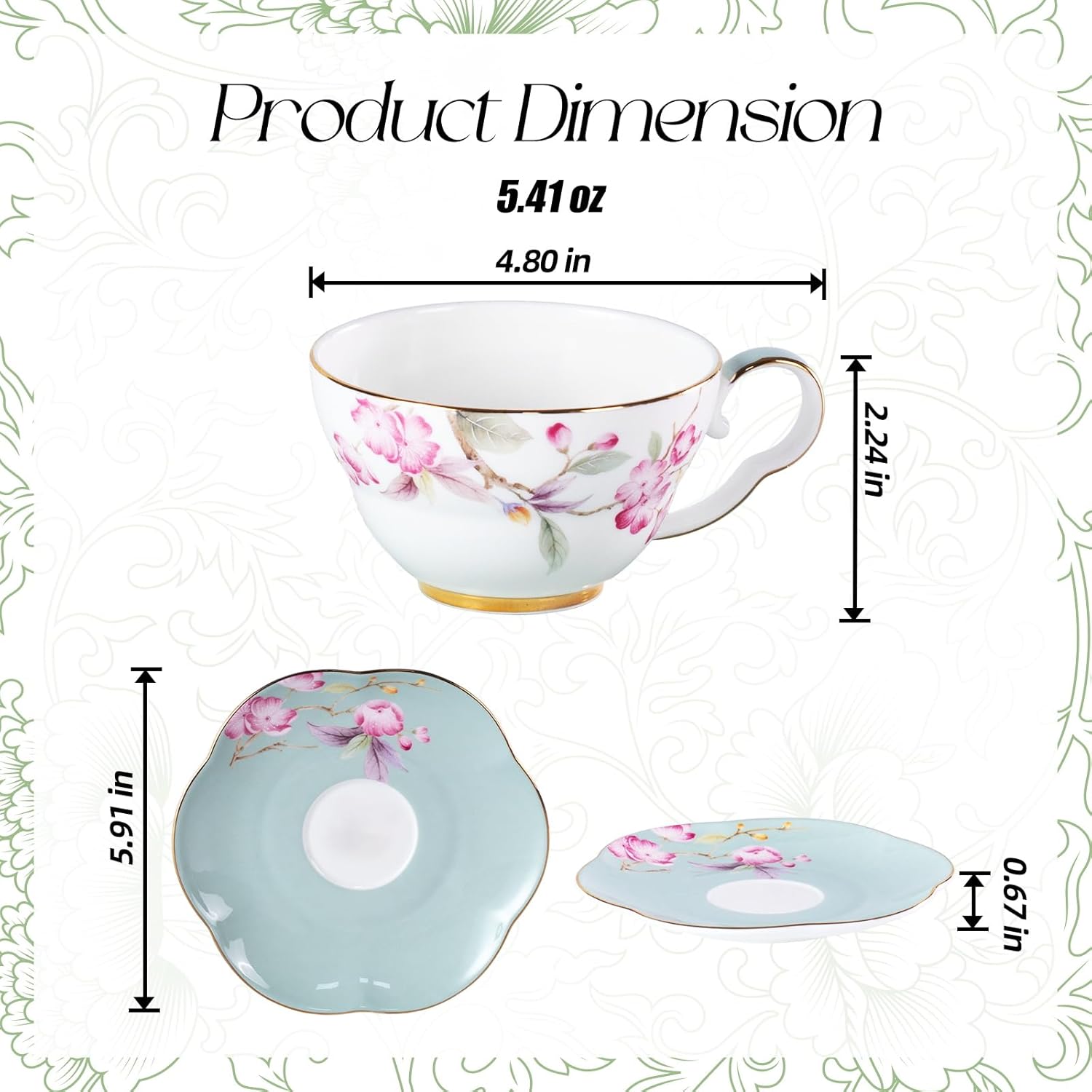 KAMMAK porcelain espresso cups with saucers set of 2 - gold trim floral cup and saucer