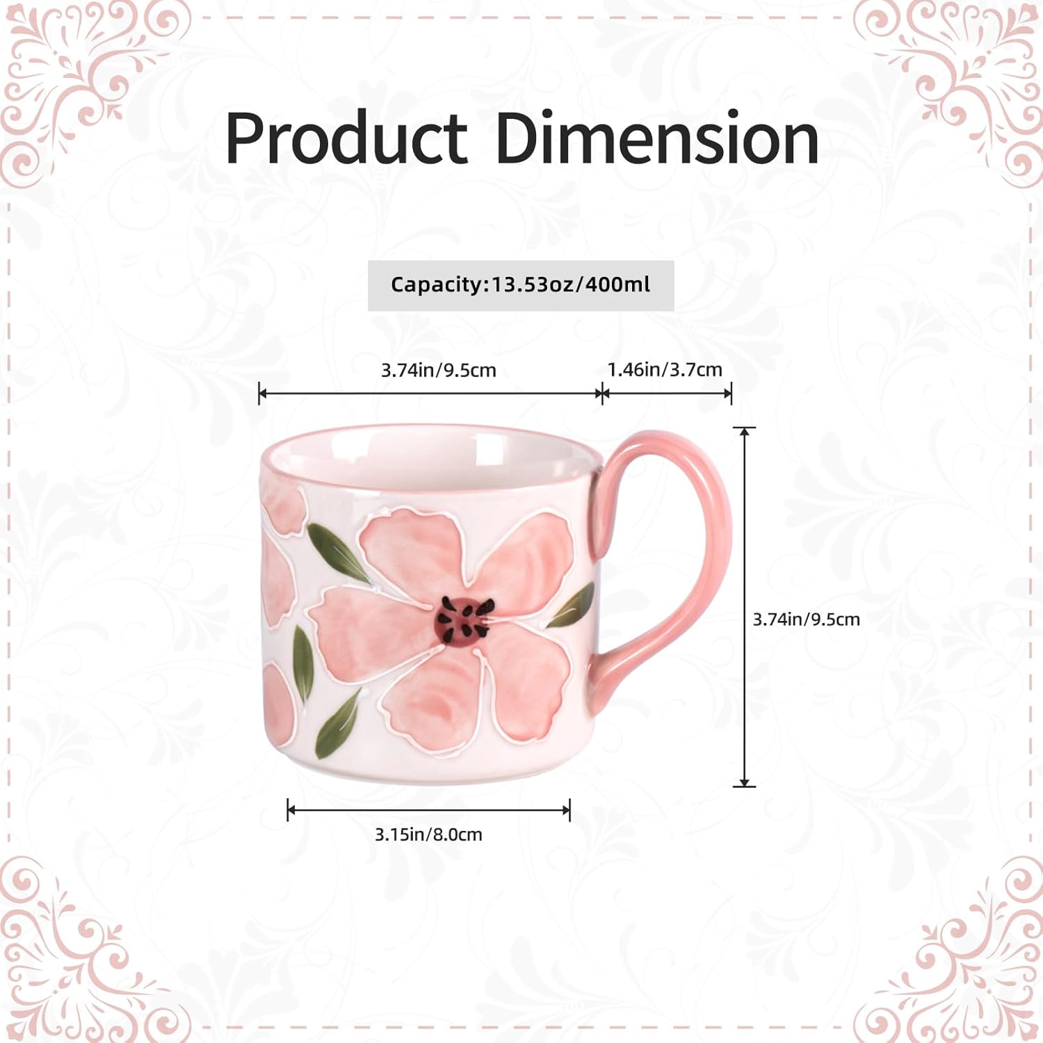 KAMMAK 13.5oz pink ceramic coffee mug set of 2 - everyday tea and coffee mug, gift-ready