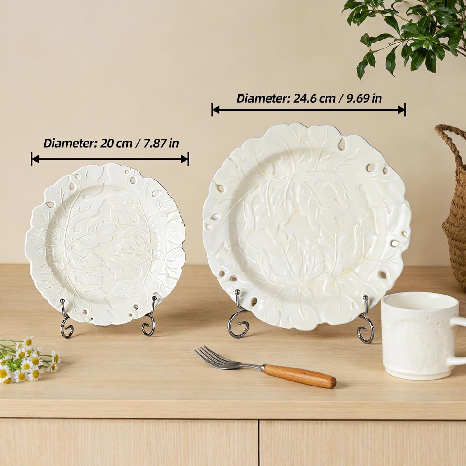 KAMMAK ceramic decorative plates set of 2 - 8 inch and 10 inch vintage porcelain plates with 3D design