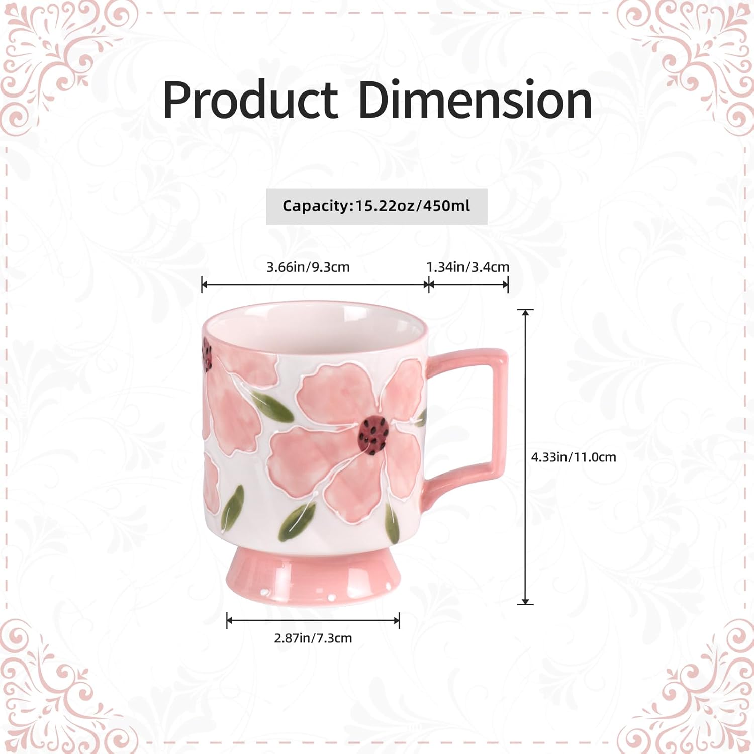 KAMMAK pink ceramic coffee mug set - 15oz floral embossed design, easy-care, everyday use
