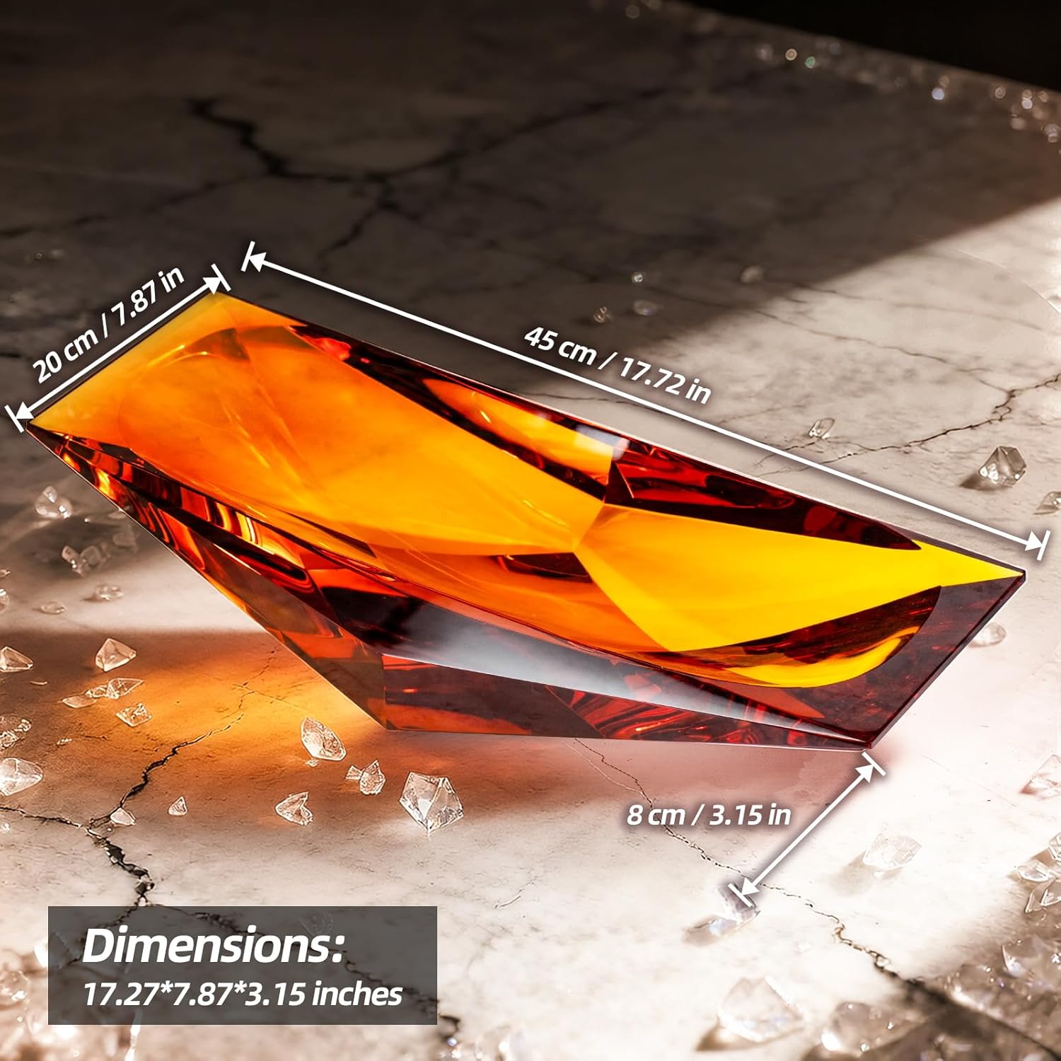 KAMMAK crystal glass fruit bowl luxury centerpiece, hand-blown faceted cut bowl with inverted-triangle design