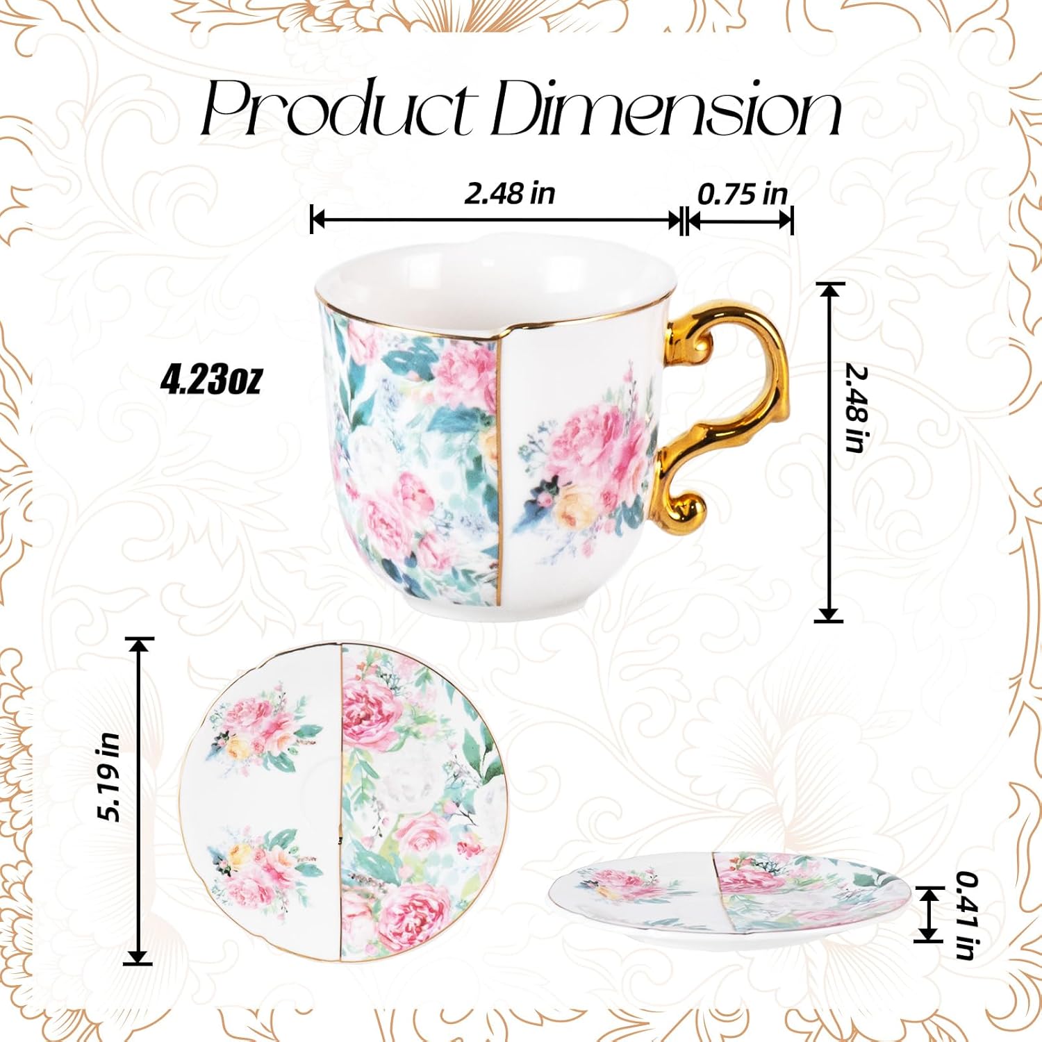 KAMMAK porcelain tea cups and saucers set of 2 (4 oz) - vintage-inspired espresso cups for tea and coffee