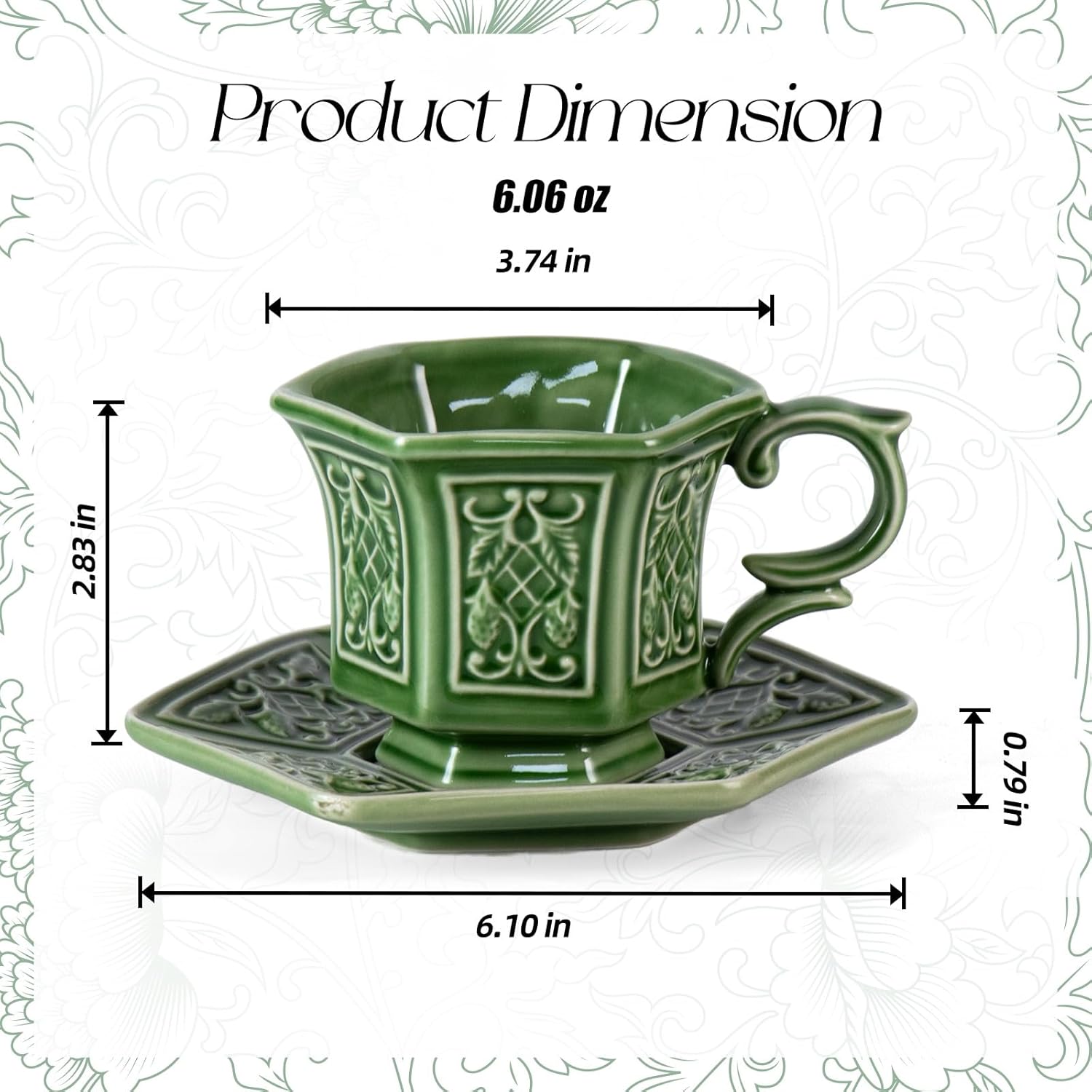 KAMMAK tea cups and saucers set of 2 - 6oz porcelain coffee cups, elegant gift-ready set