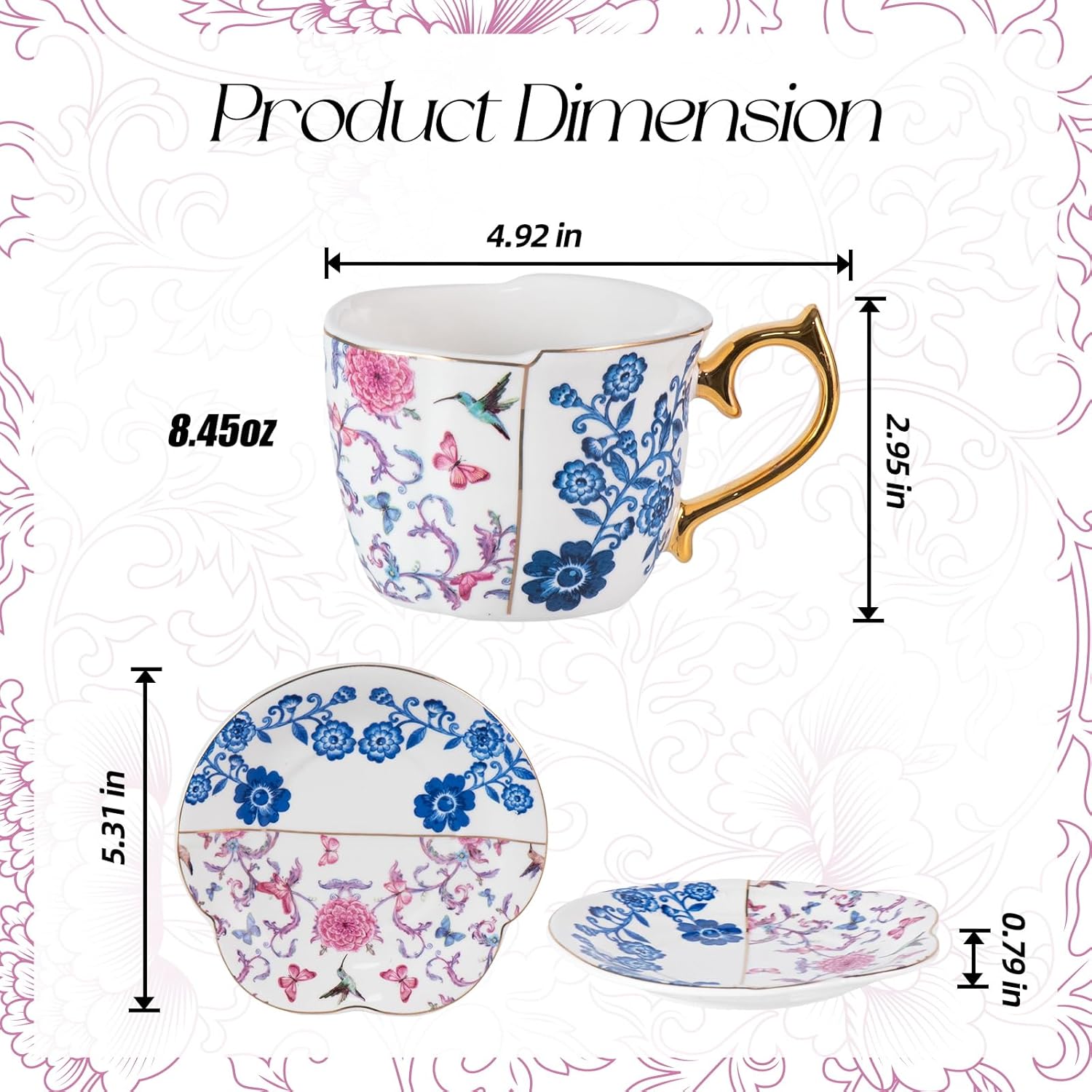 KAMMAK tea cups and saucers set of 2 - vintage-inspired porcelain cups for tea, coffee, and lattes