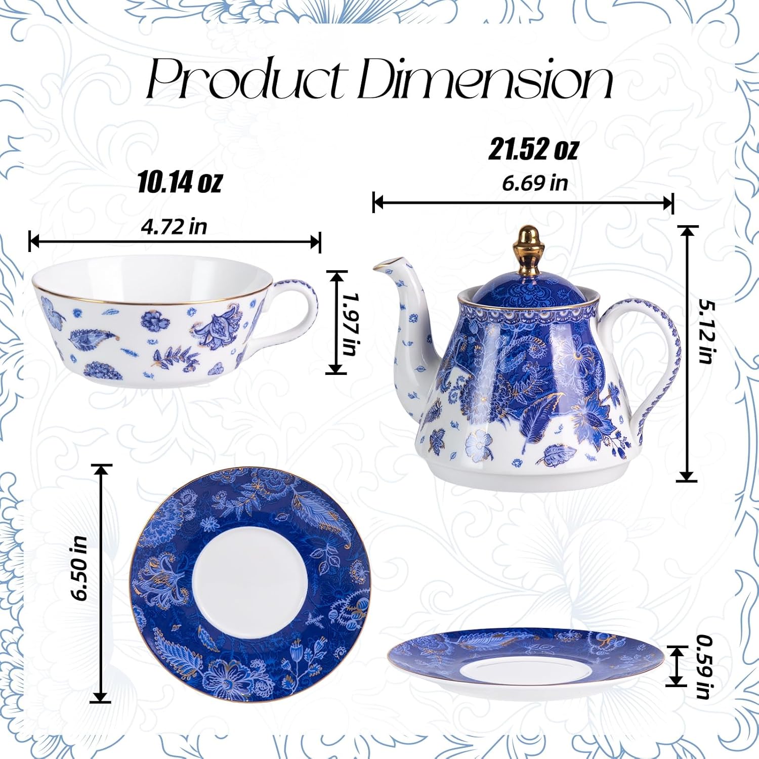 KAMMAK tea for one porcelain teapot and cup set with gold trim and saucer