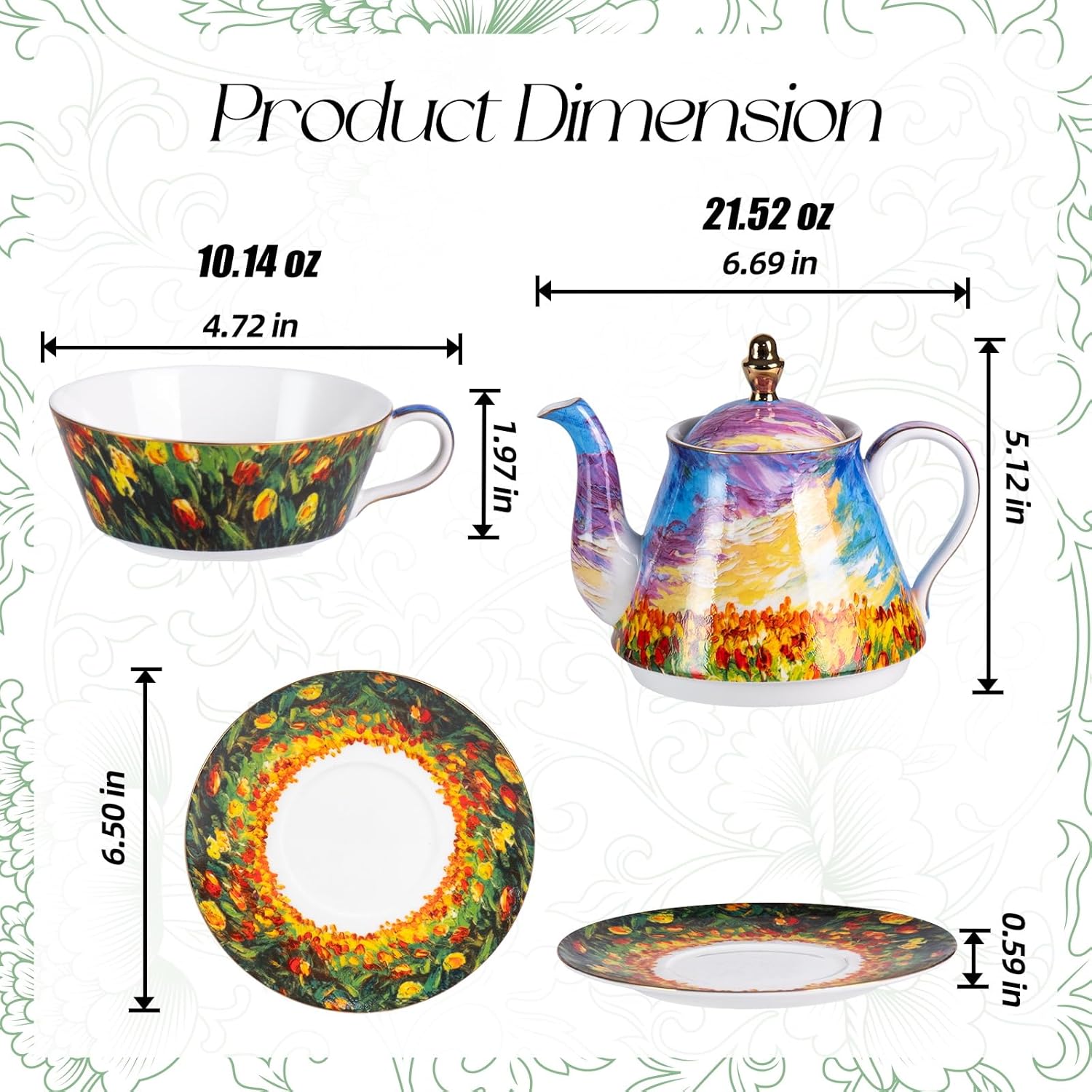 KAMMAK tea for one porcelain teapot and cup set - colorful design with gold trim and saucer