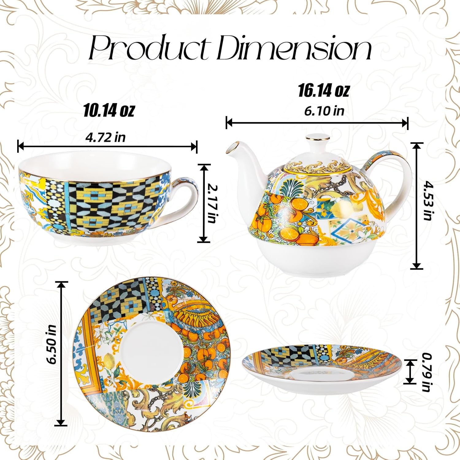 KAMMAK tea for one porcelain teapot and cup set with infuser - gilded accents, teacup and saucer